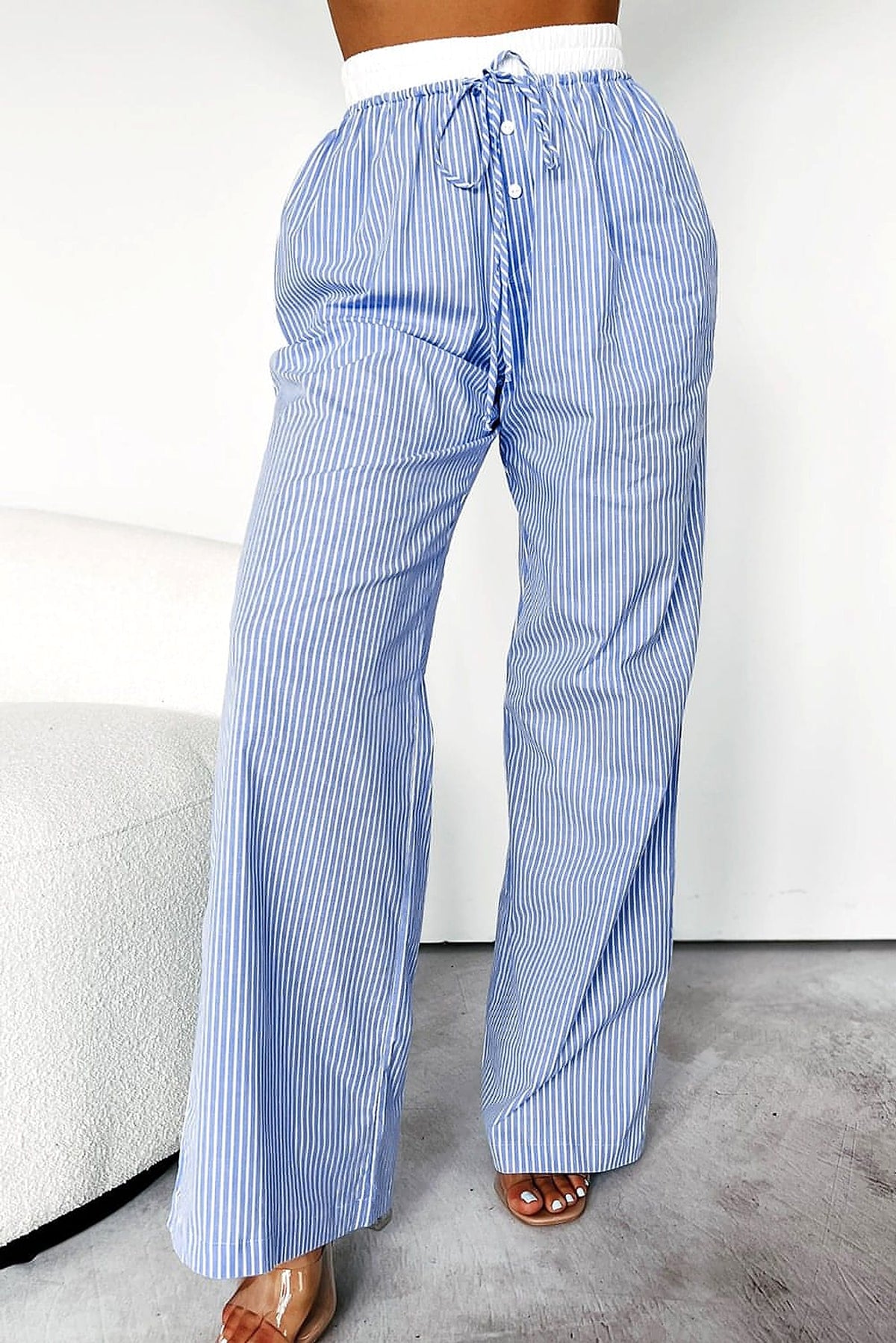 Sky Blue Stripe Wide Leg Buttoned Lace up Elastic High Waist Pants - enhanced image 4