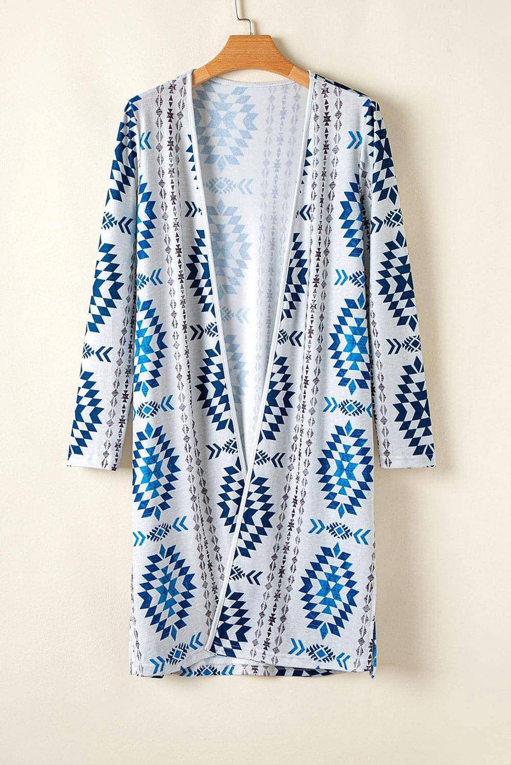 Sky Blue Western Aztec Printed Open Front Long Cardigan - enhanced image 4