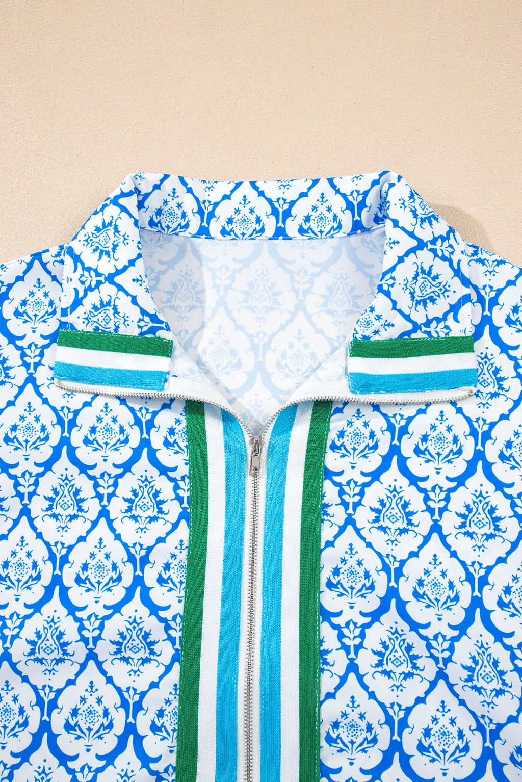 Sky Blue Western Print Zipped Collar Short Sleeve Summer Blouse Top - enhanced image 4