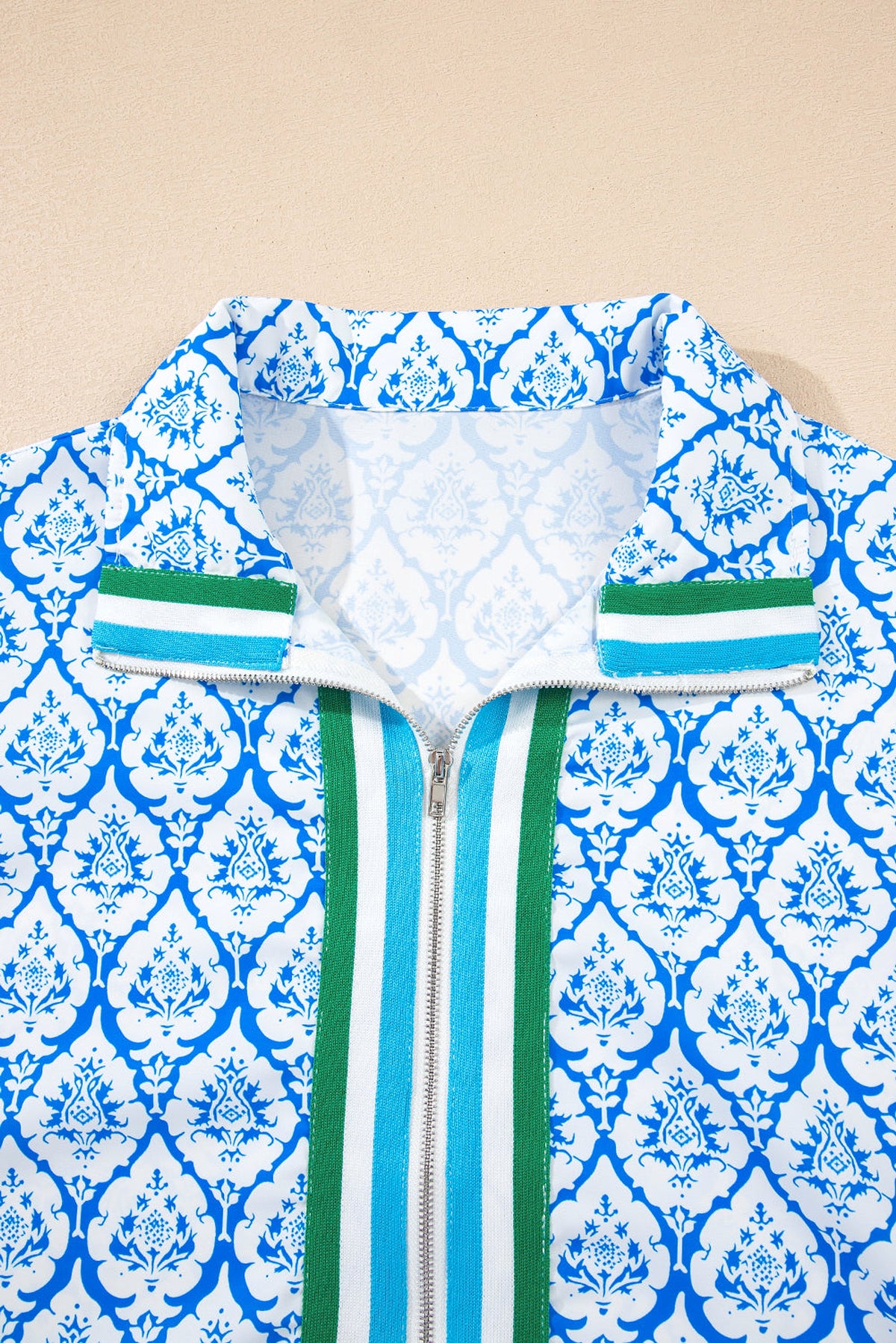 Sky Blue Western Print Zipped Collar Short Sleeve Summer Blouse Top - enhanced image 4