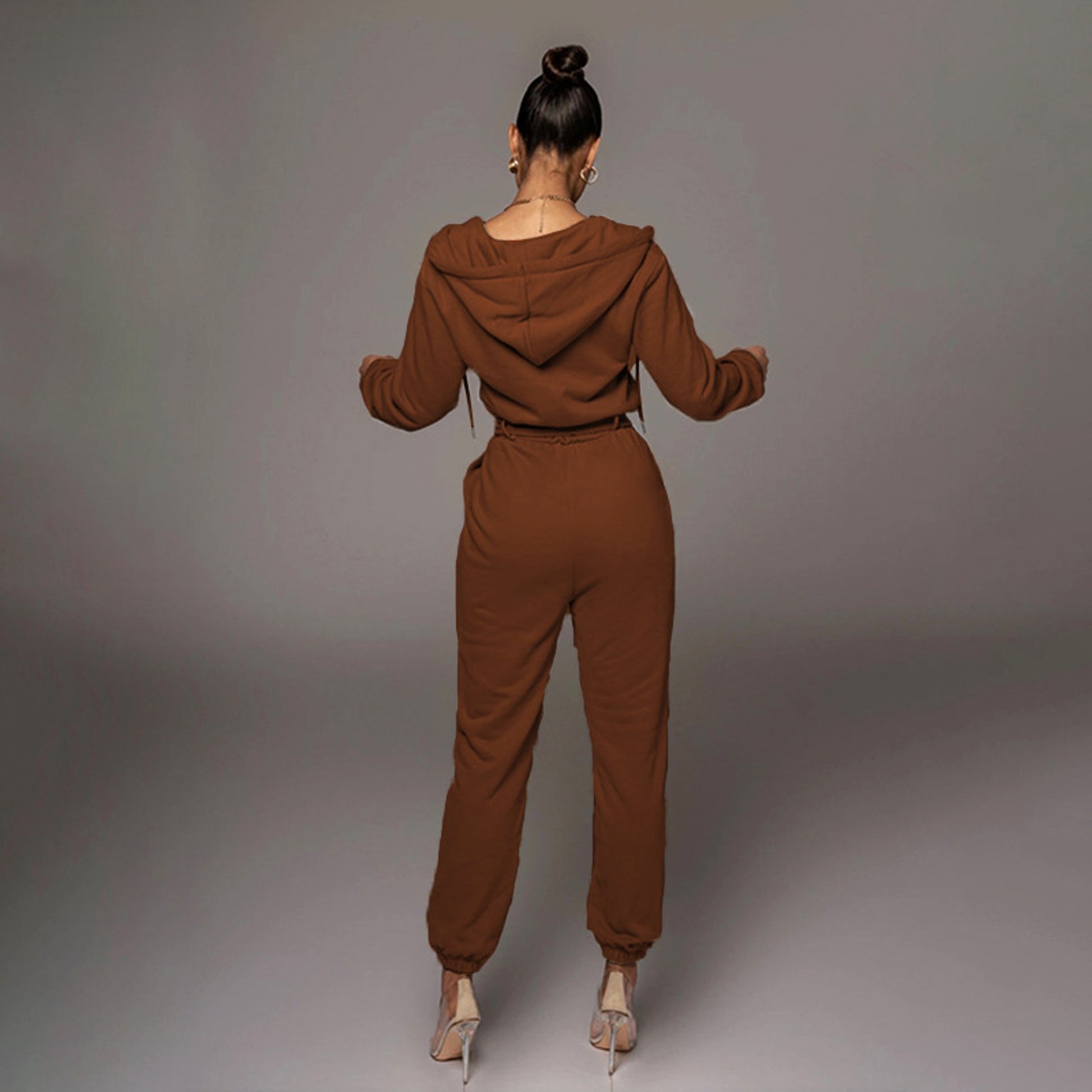 Slim-fit Long Sleeve Solid Color Hooded Half-open Collar Urban Leisure Women's Jumpsuit - enhanced image 4