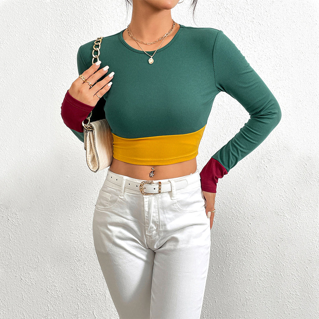 Slim Fit O-neck Short Stitching Long Sleeve T-shirt Women - enhanced image 4