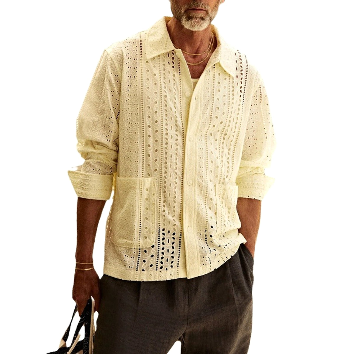 Solid Color Hollowed Fashion Men's DressShirt - enhanced image 4