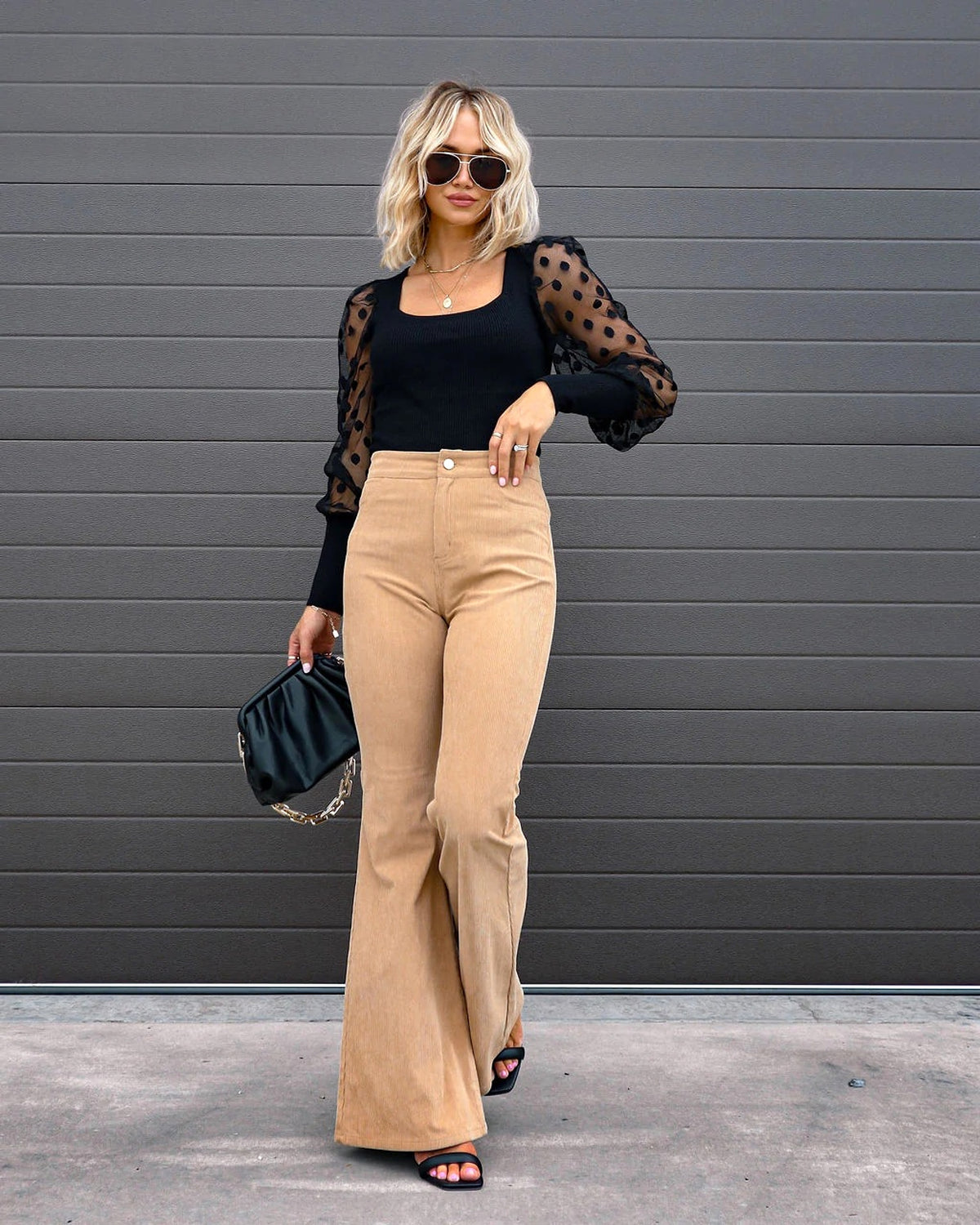 Solid Color Mid-waist Slim-fit Micro Flared Pants Corduroy - enhanced image 4