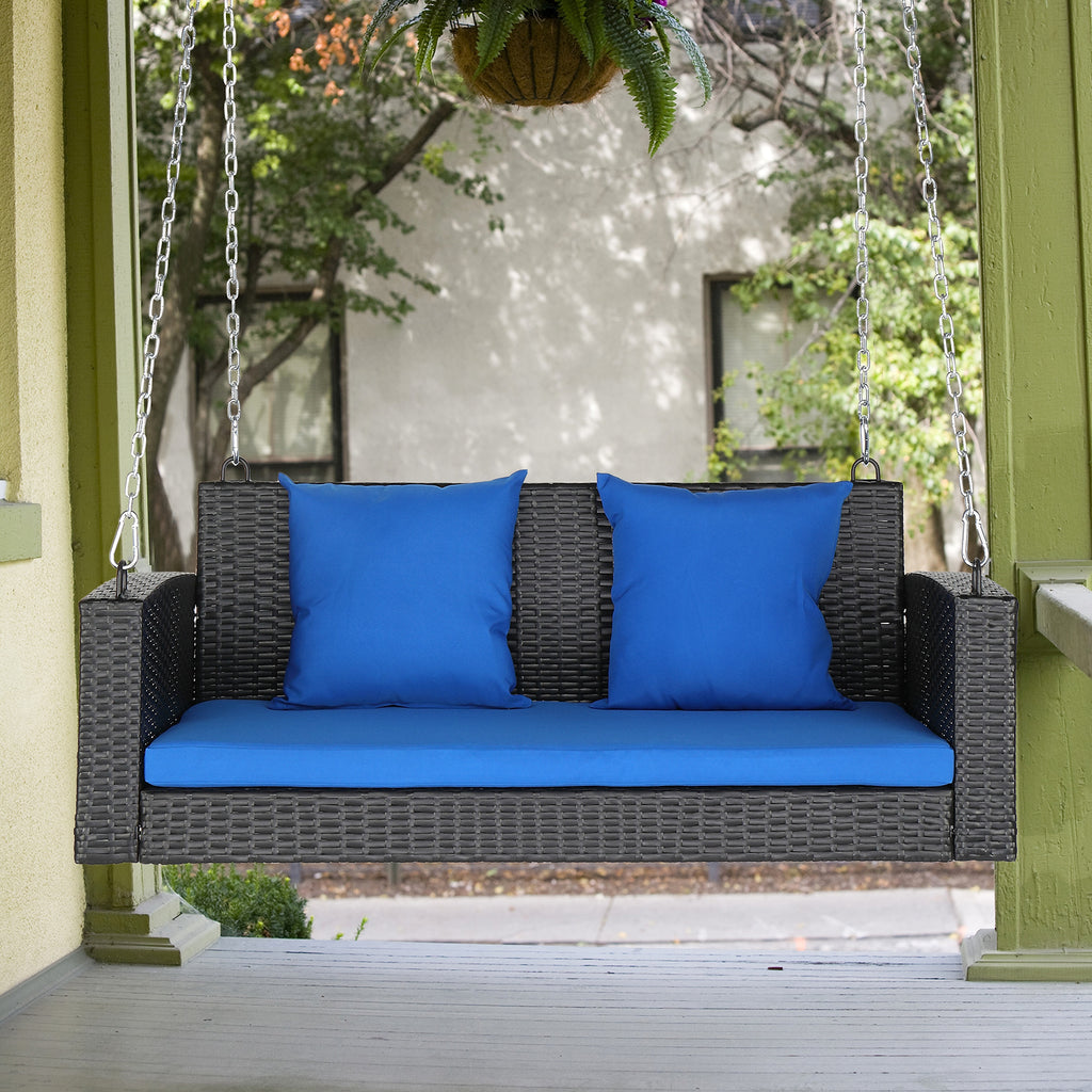 SolunaSwing™ – 4ft Black Rattan Hanging Chair with Blue Cushions - enhanced image 4