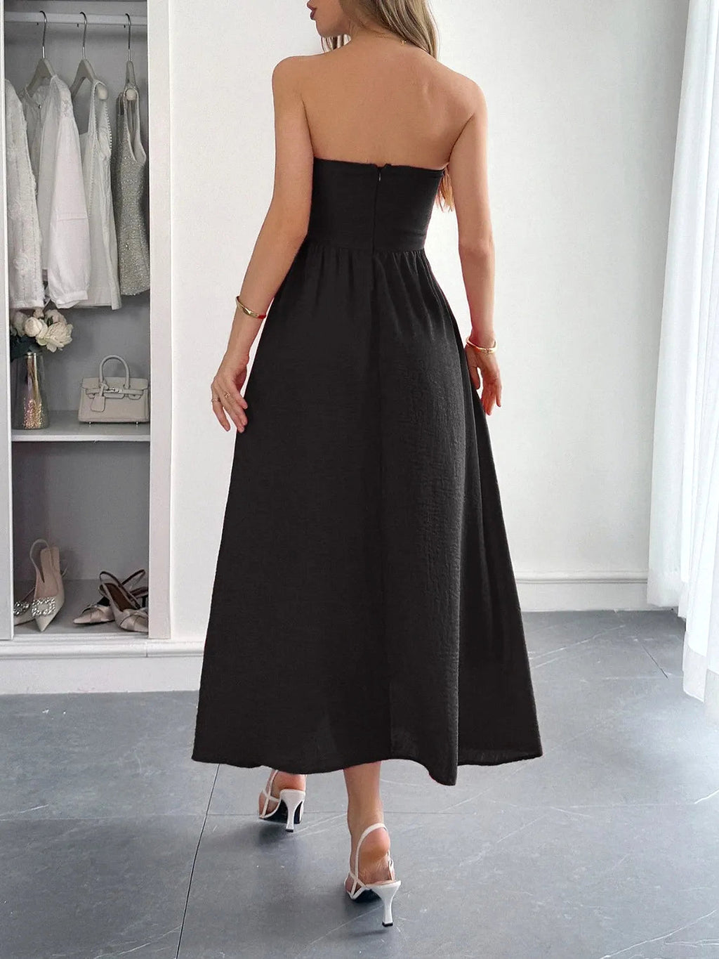 Strapless A-Line Midi Dress with Pockets - enhanced image 4