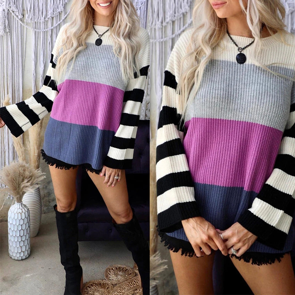 Striped Round Neck Long Sleeve Hit Color Casual Loose Sweater - enhanced image 4