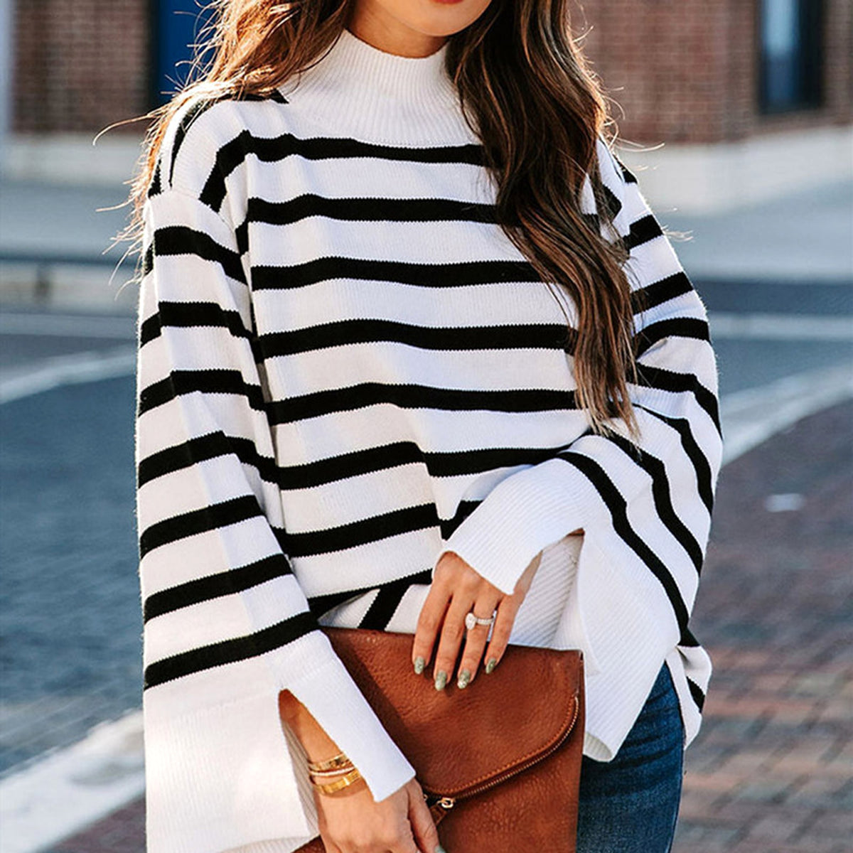 Striped Turtleneck Sweater Women's Cuffs - enhanced image 4