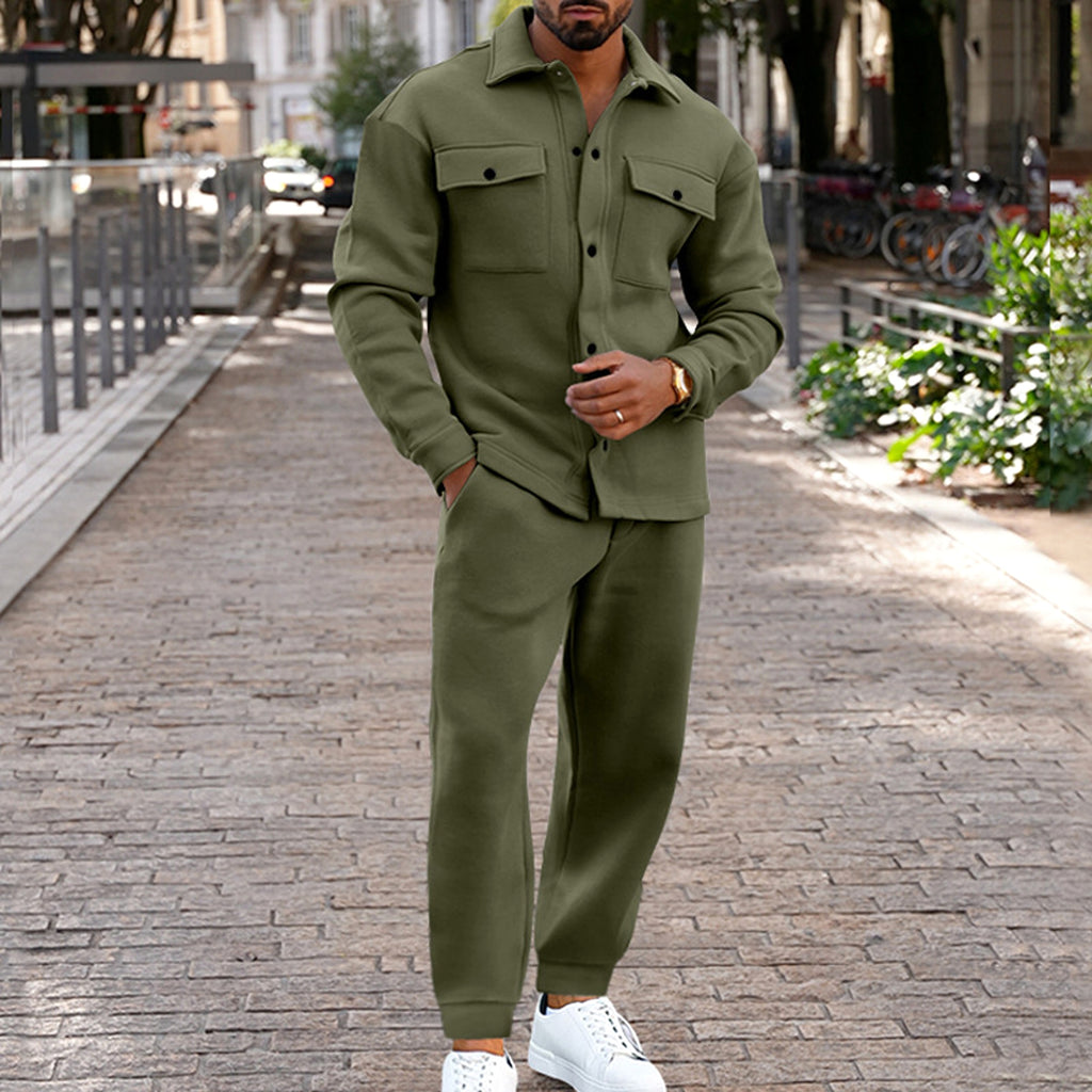A Suede Single-breasted Solid Color Slim Fit Two-piece Suit Men (Tracksuit) - enhanced image 4