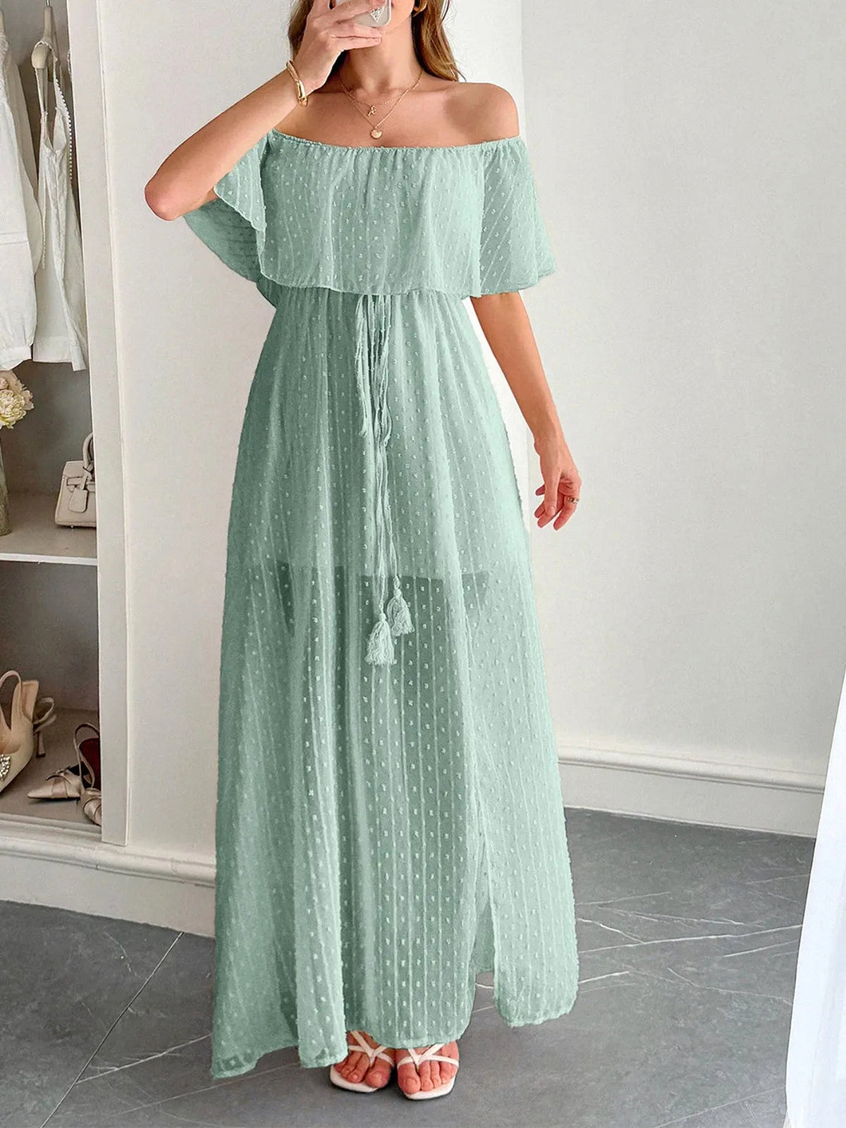 Swiss Dot Off Shoulder Maxi Dress - enhanced image 4