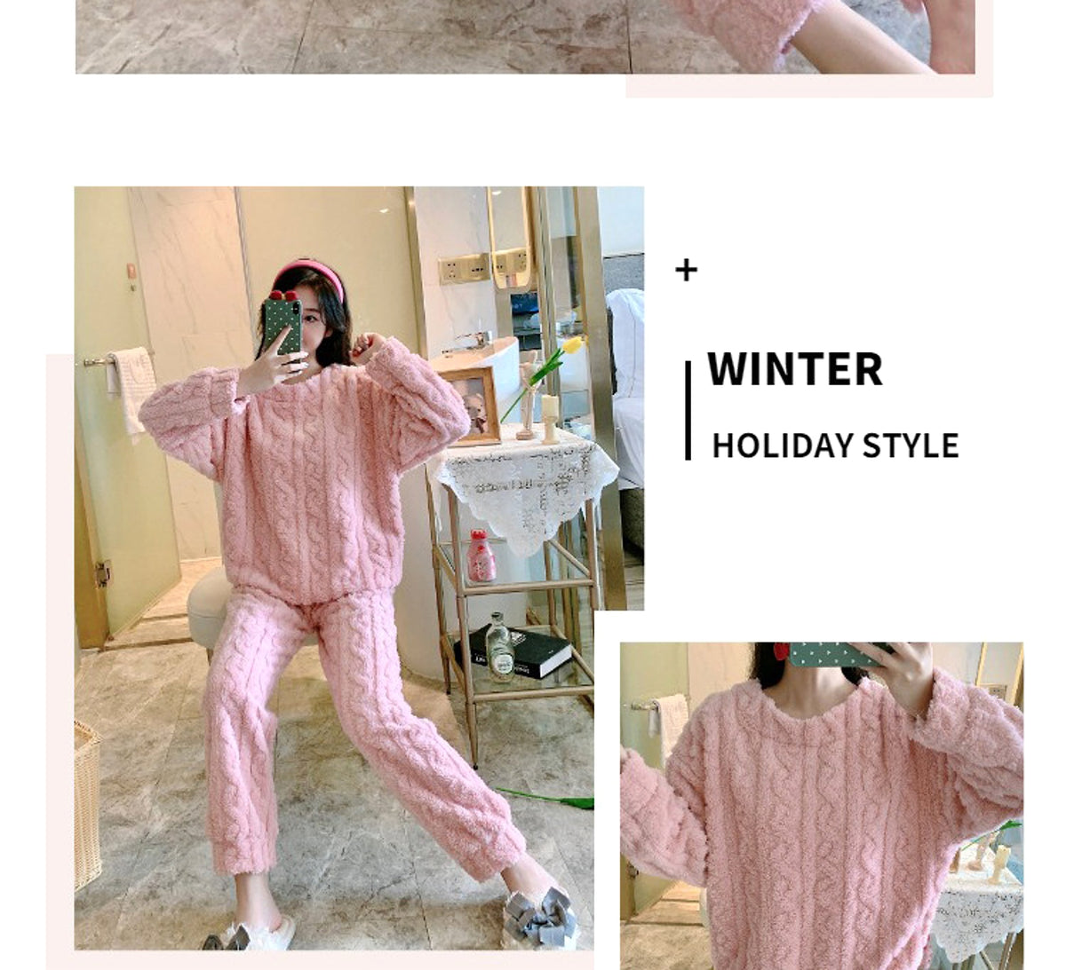 Thick Fleece Pajamas Women's Thermal Round-neck Flannel Homewear Suit - enhanced image 4