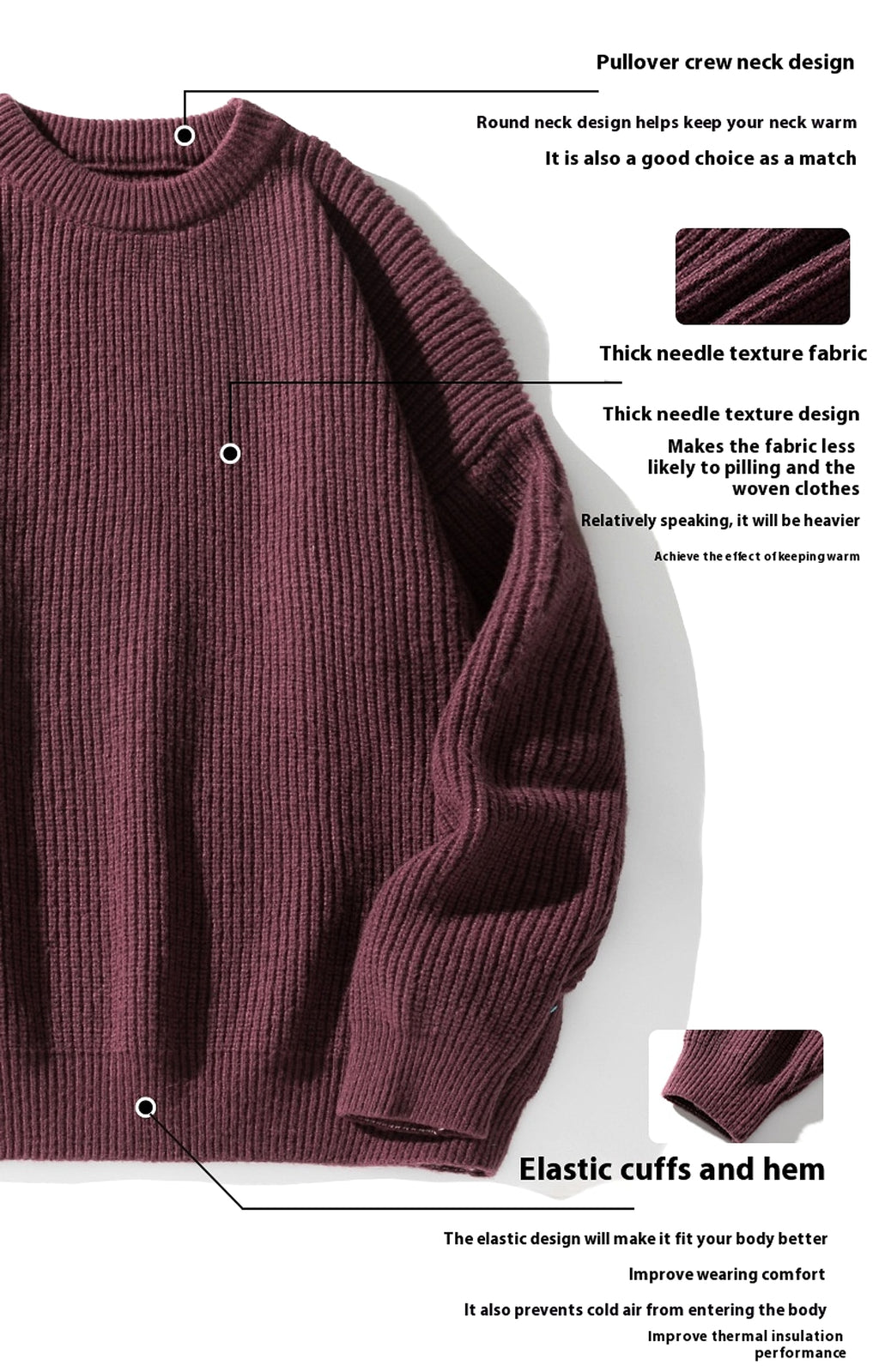 Thick Needle Sunken Stripe Texture Sweater Men's Autumn And Winter Solid Color Coat - enhanced image 4