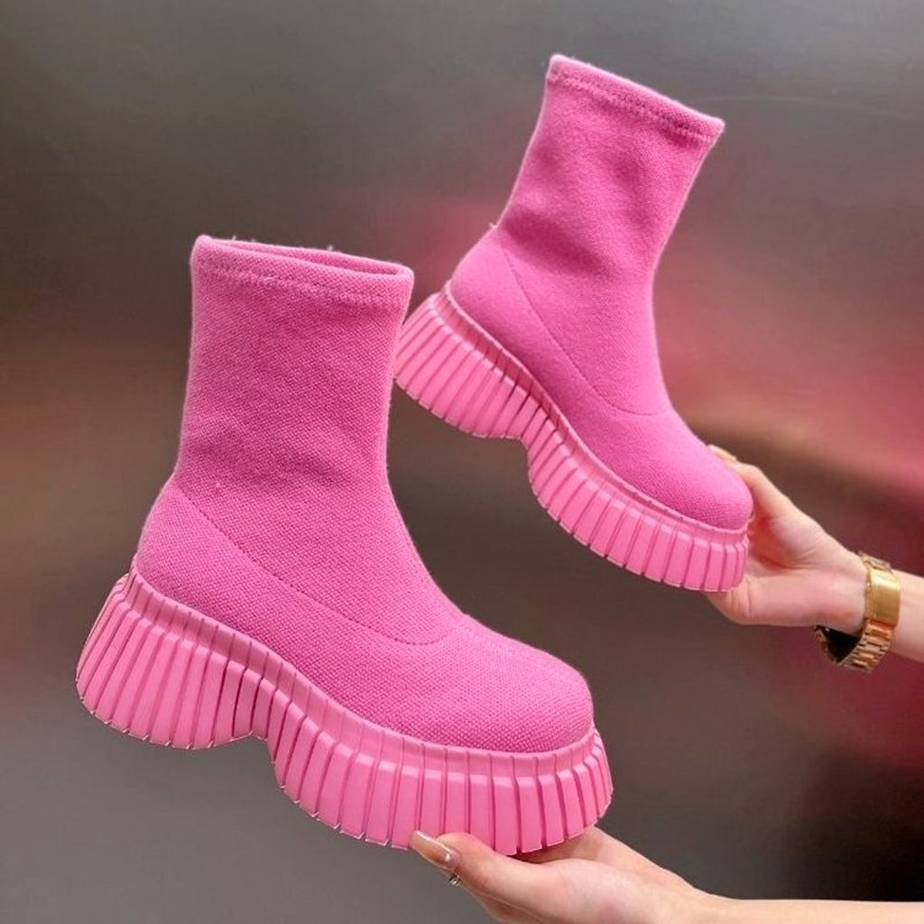 Thick Sole Long Boots Solid Color New Fashion Trendy Fly-woven Elastic Shoes Women's Winter FootwearHigh Boots - enhanced image 4