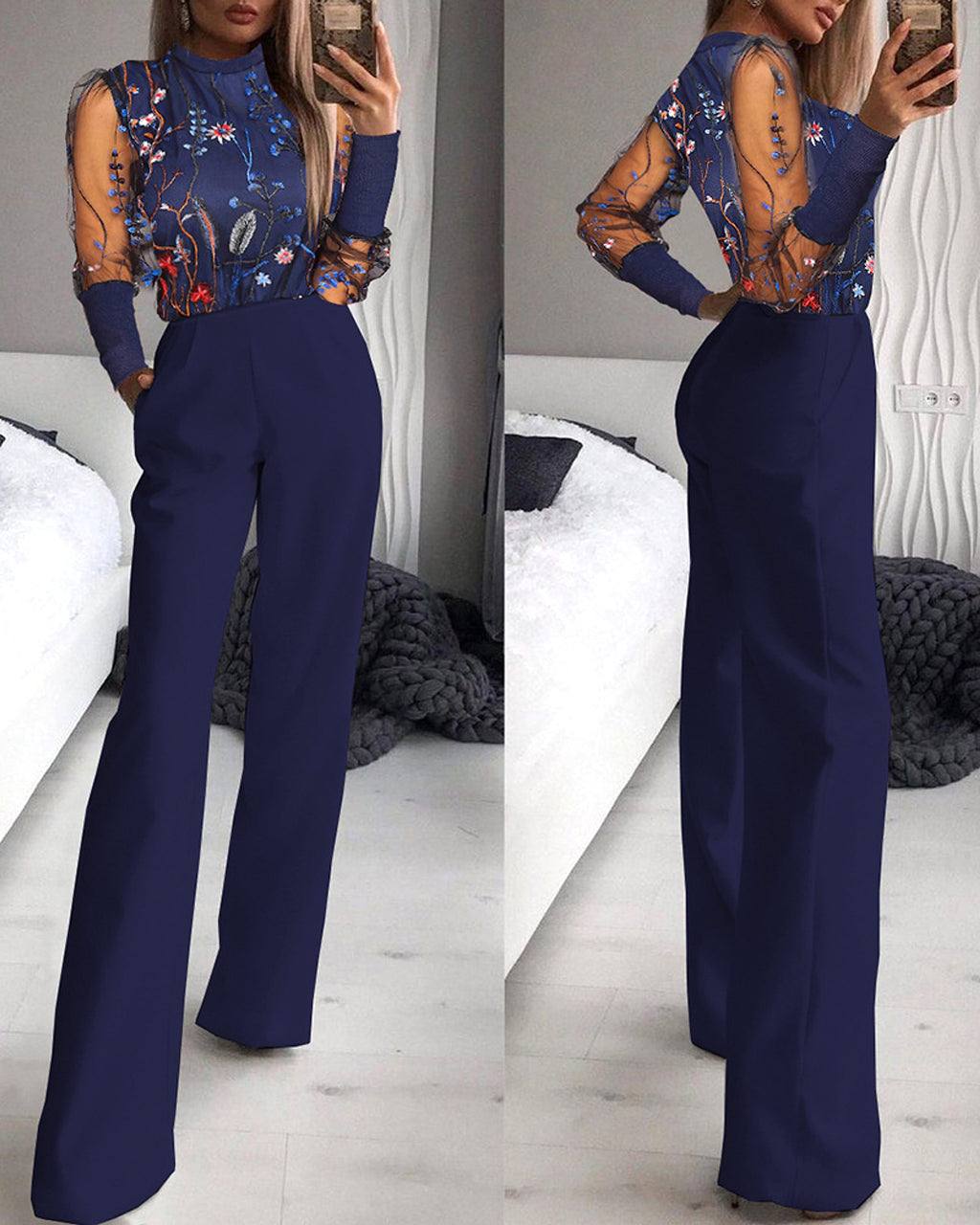 Trendy Shiny Mesh Dusting Powder Stitching High-end Elegant Jumpsuit - enhanced image 4