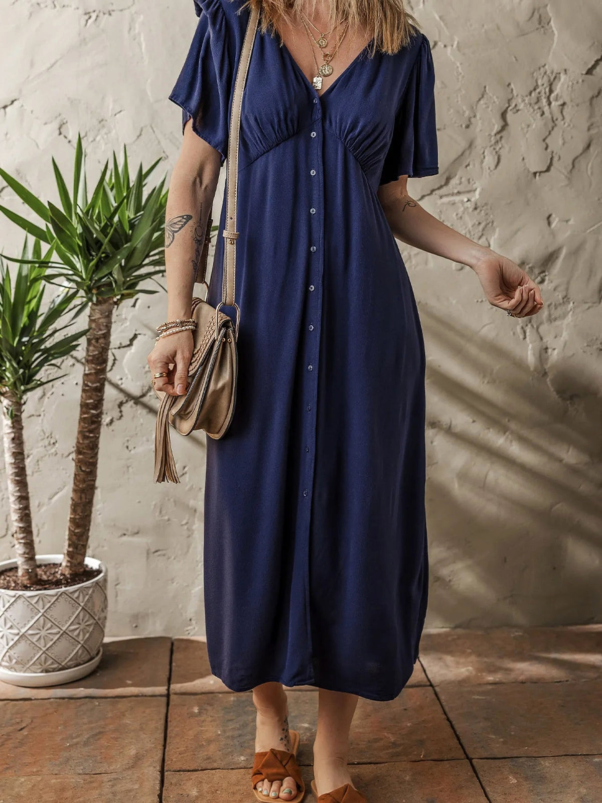 V Neck Buttoned Front Shirred Back Short Sleeve Midi Dress - enhanced image 4