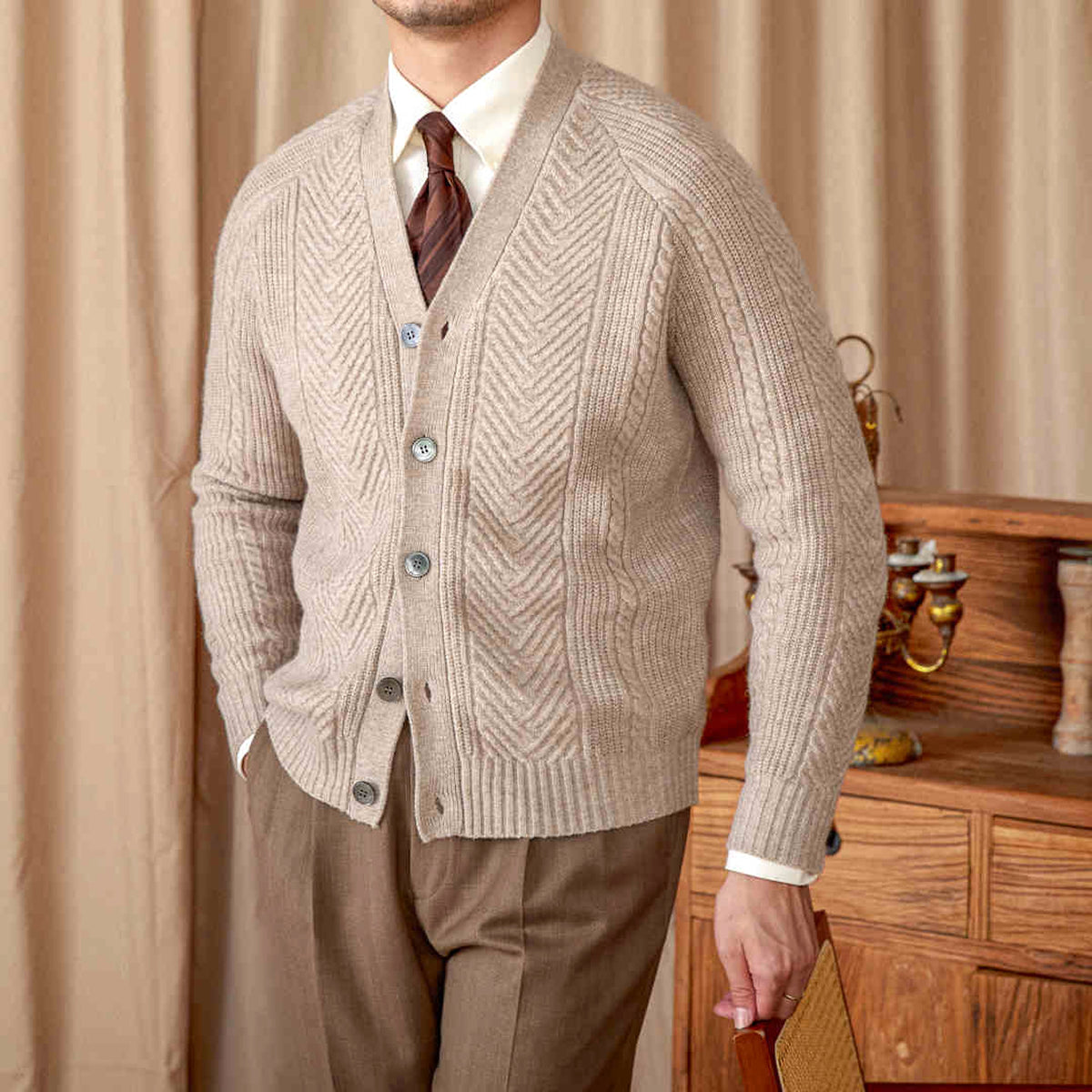 V-neck Solid Color Jacquard Knitted Cardigan Sweater Coat - enhanced image 4