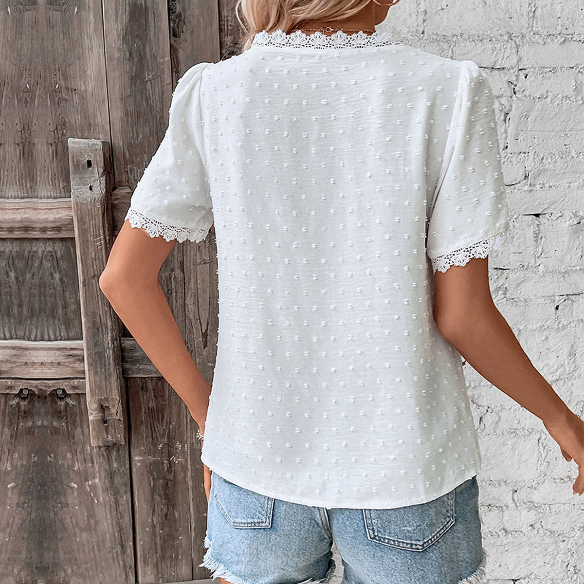 V-neck Solid Color Women's Lace Shirt - enhanced image 4