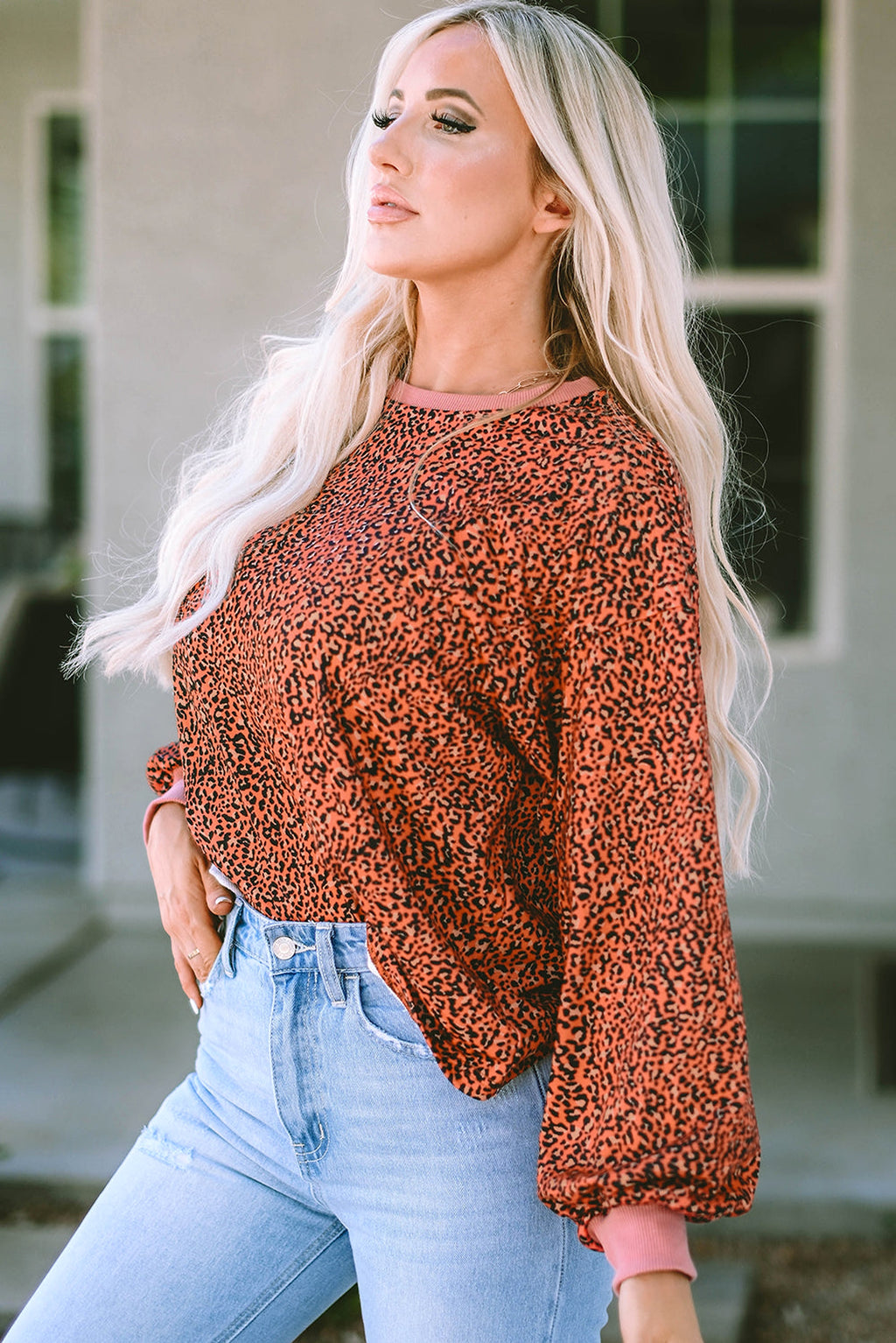 Vintage Leopard Bubble Sleeve Pullover Sweatshirt - enhanced image 4