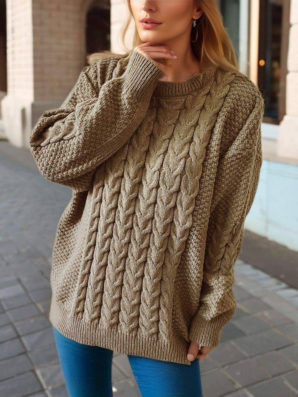 Vintage Vertical Stripes Twist Round Neck Long Sleeve Knitted Pullover Thick Needle Sweater For Women