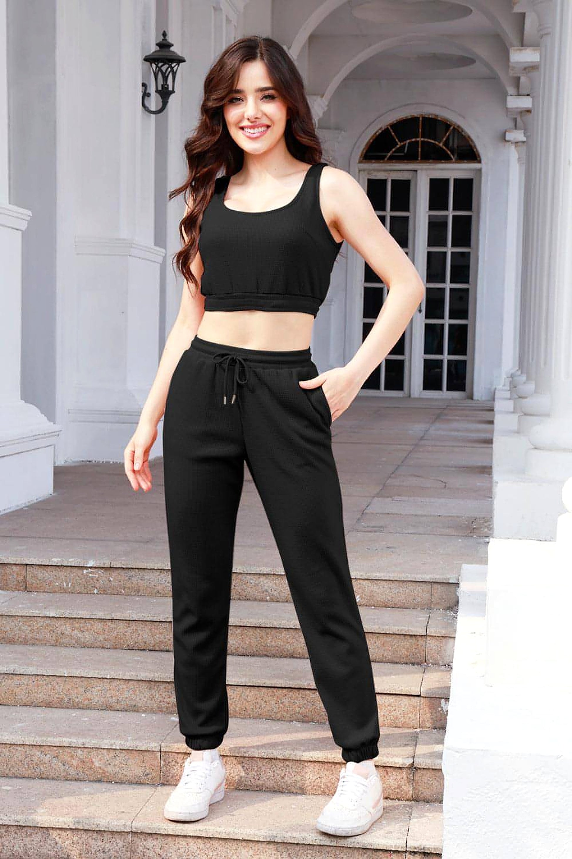 Waffle-Knit Cropped Tank and Drawstring Pants Set - enhanced image 4