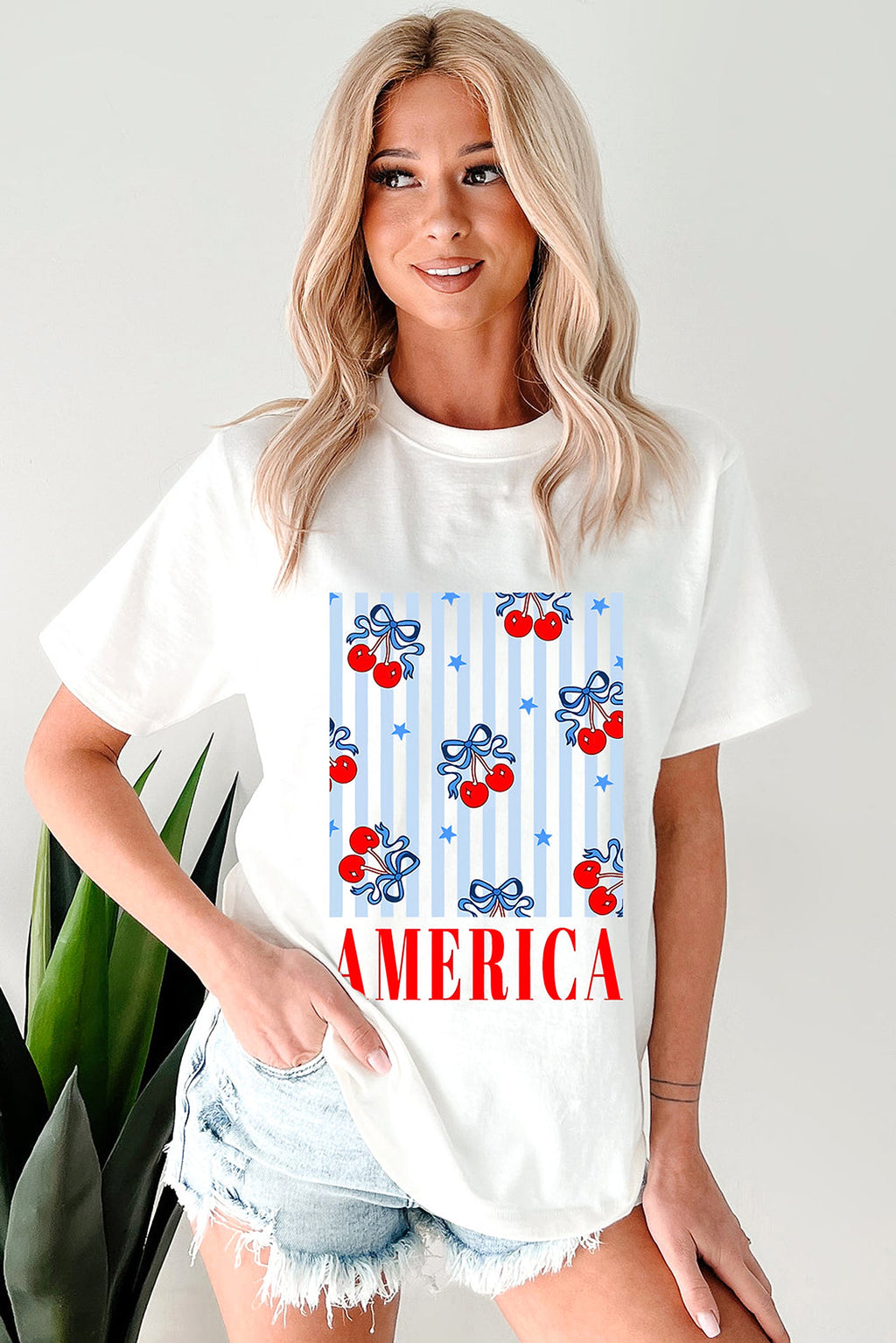 White Bow Cherry AMERICA Graphic Crewneck Patriotic T Shirt - enhanced image 4