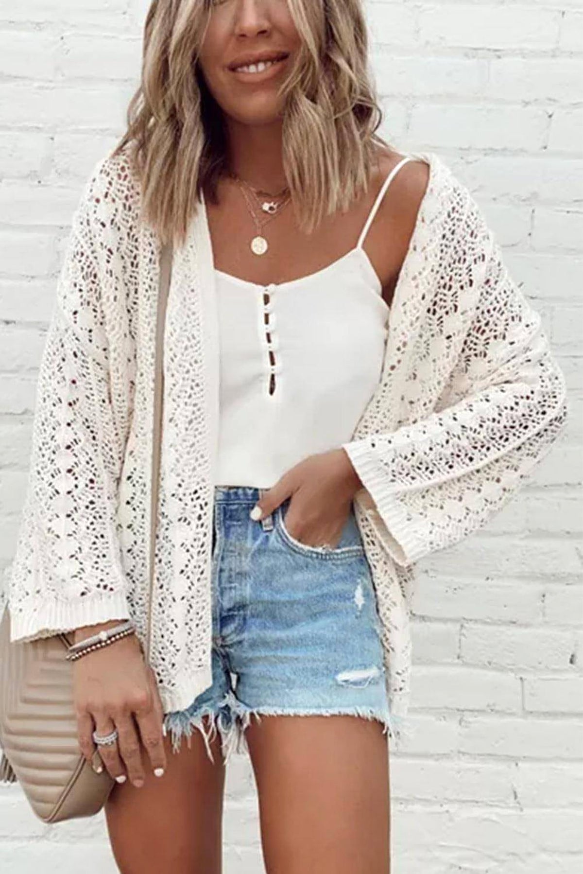 White Stylish Hollow Out Knit Drop Shoulder Cardigan - enhanced image 4