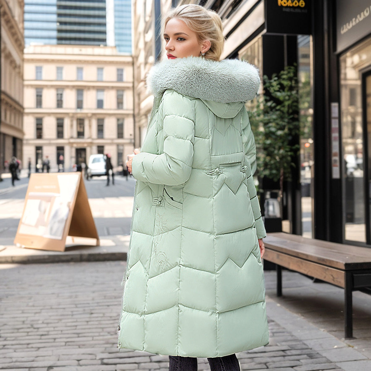 Winter Long Coat With Thickened Fur Collar Straight Slim Cotton-padded Jacket Women - enhanced image 4