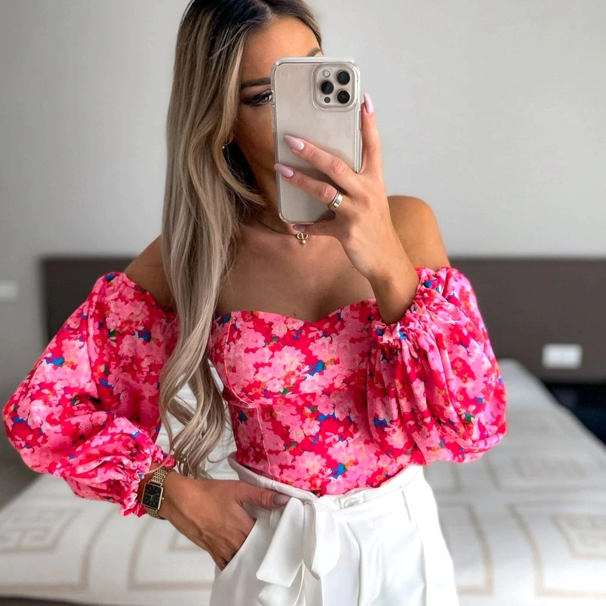 Lady Sexy Off-Shoulder Printed Shirt – Feminine Elegance Meets Casual Chic - enhanced image 4