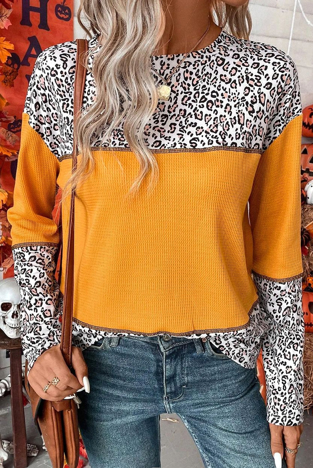 Women Round Neck Leopard Splicing Waffle Sweater - enhanced image 4