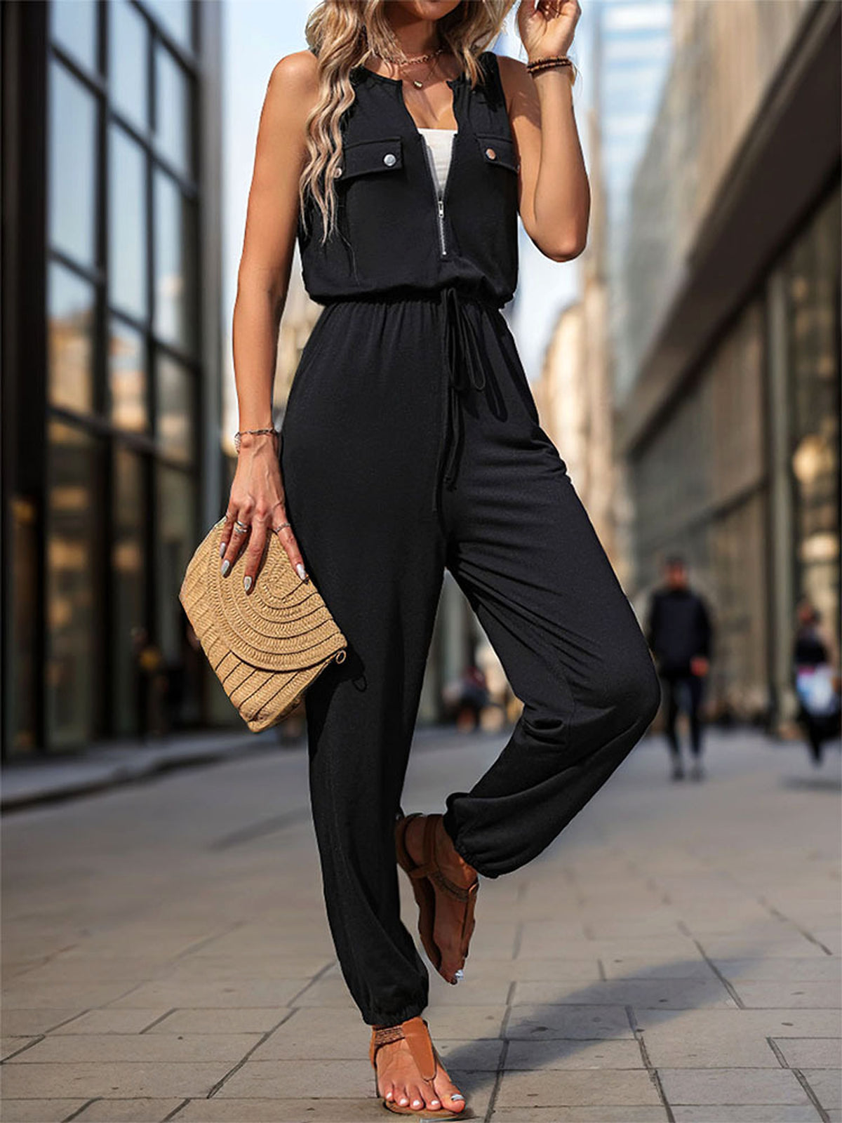 Women's Black Sleeveless Long Jumpsuit - enhanced image 4