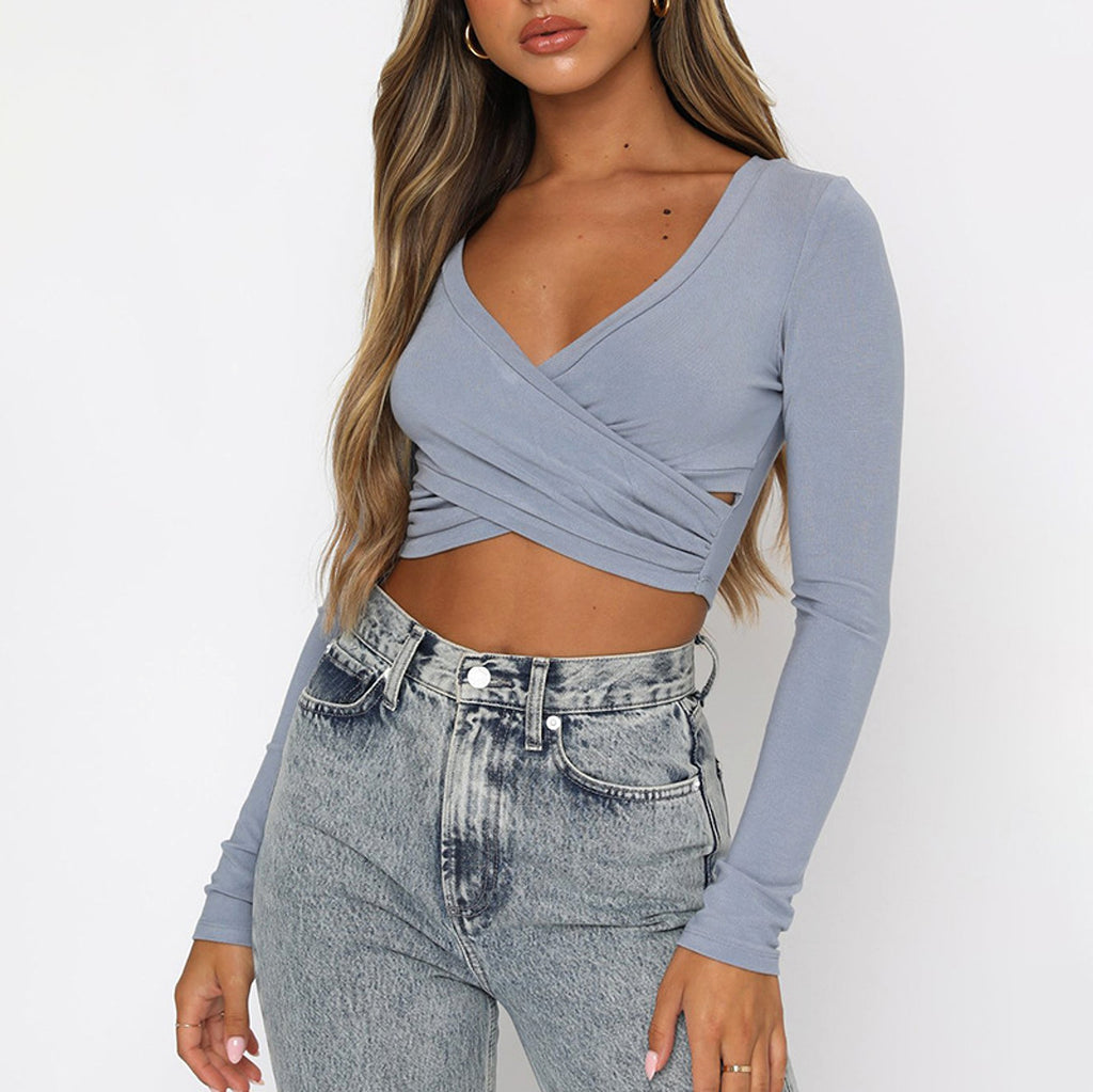 Women's Clothing Cross V-neck Stitching Slim-fit Long-sleeved Bottoming (T-Shirt) - enhanced image 4