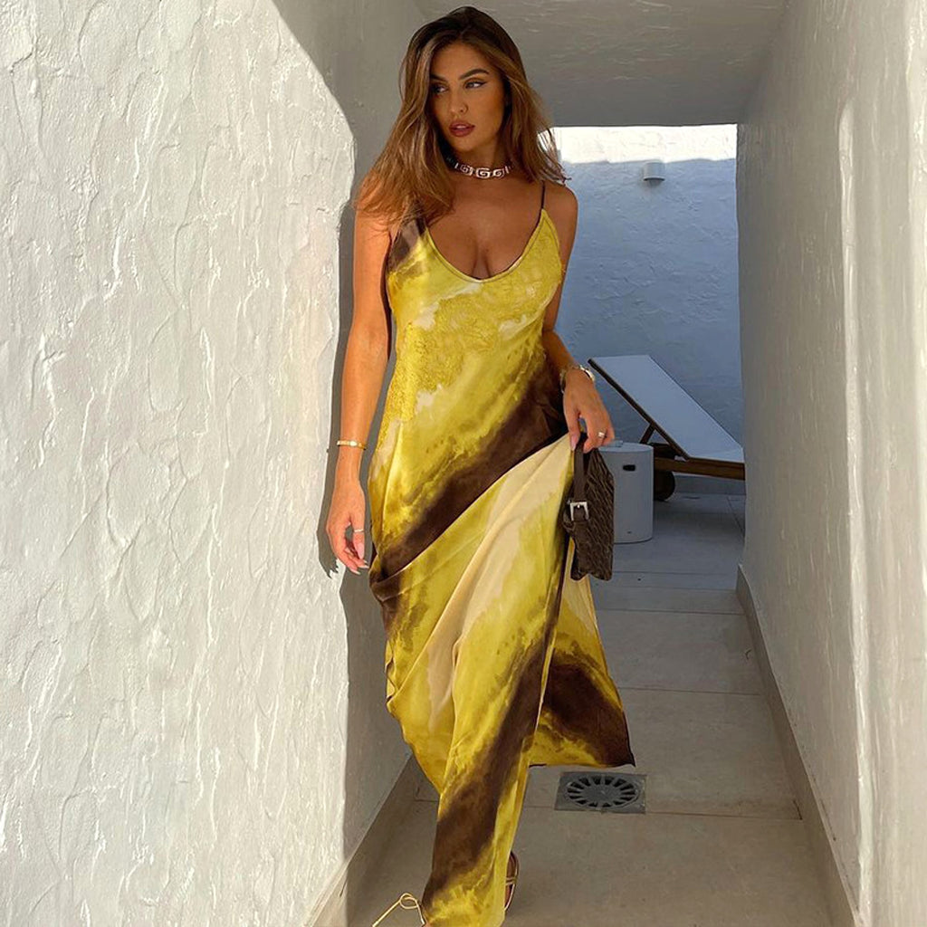 Women's Fashion Printed V-neck Backless Slit Sling Dress - enhanced image 4