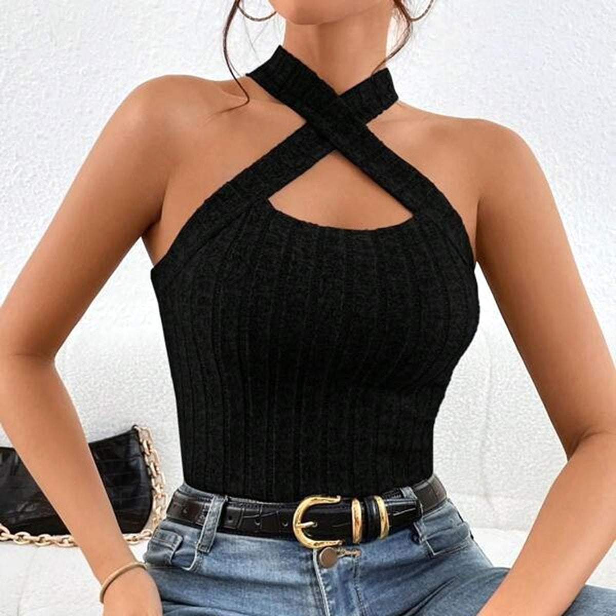 Women's Halter Sleeveless Brushed Knitted Top (T-shirt) - enhanced image 4
