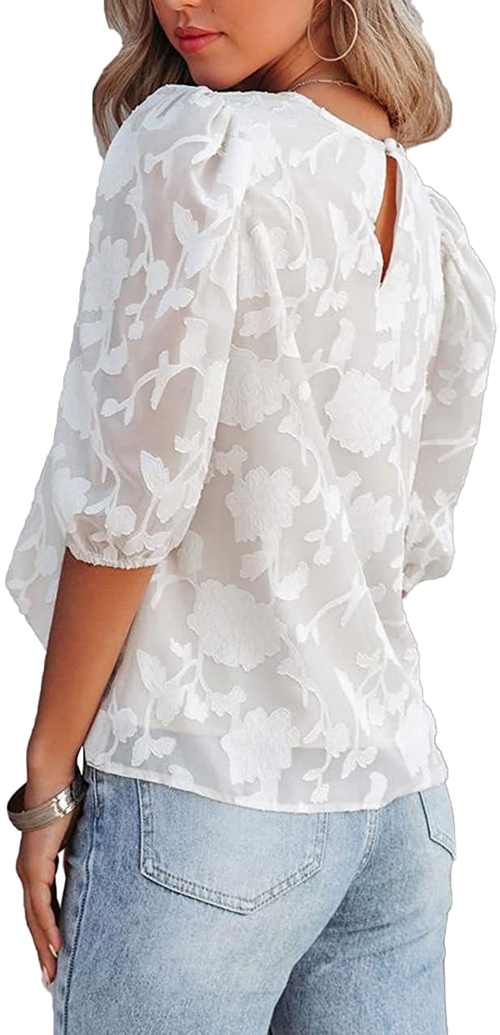 Women's Puff Sleeve Chiffon Loose Top Flower Texture T-Shirt - enhanced image 4