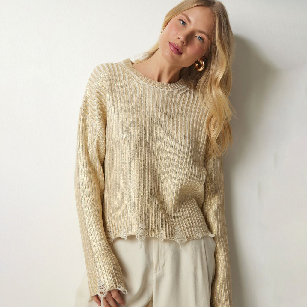 Women's Ragged Design Short Sweater Knitwear Top - enhanced image 4