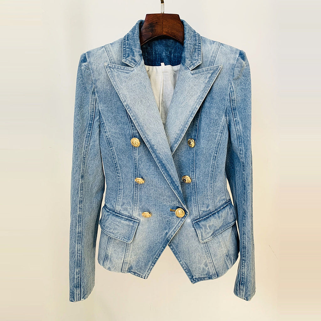 Women's Slim Double-breasted Lion Button Denim Suit Jacket - enhanced image 4