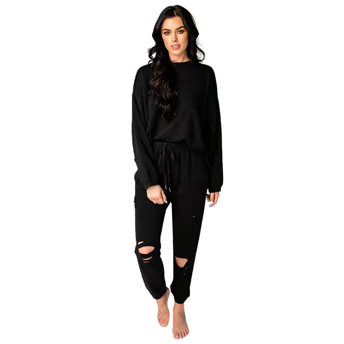 Women's Solid Color Ripped Tracksuit - enhanced image 4
