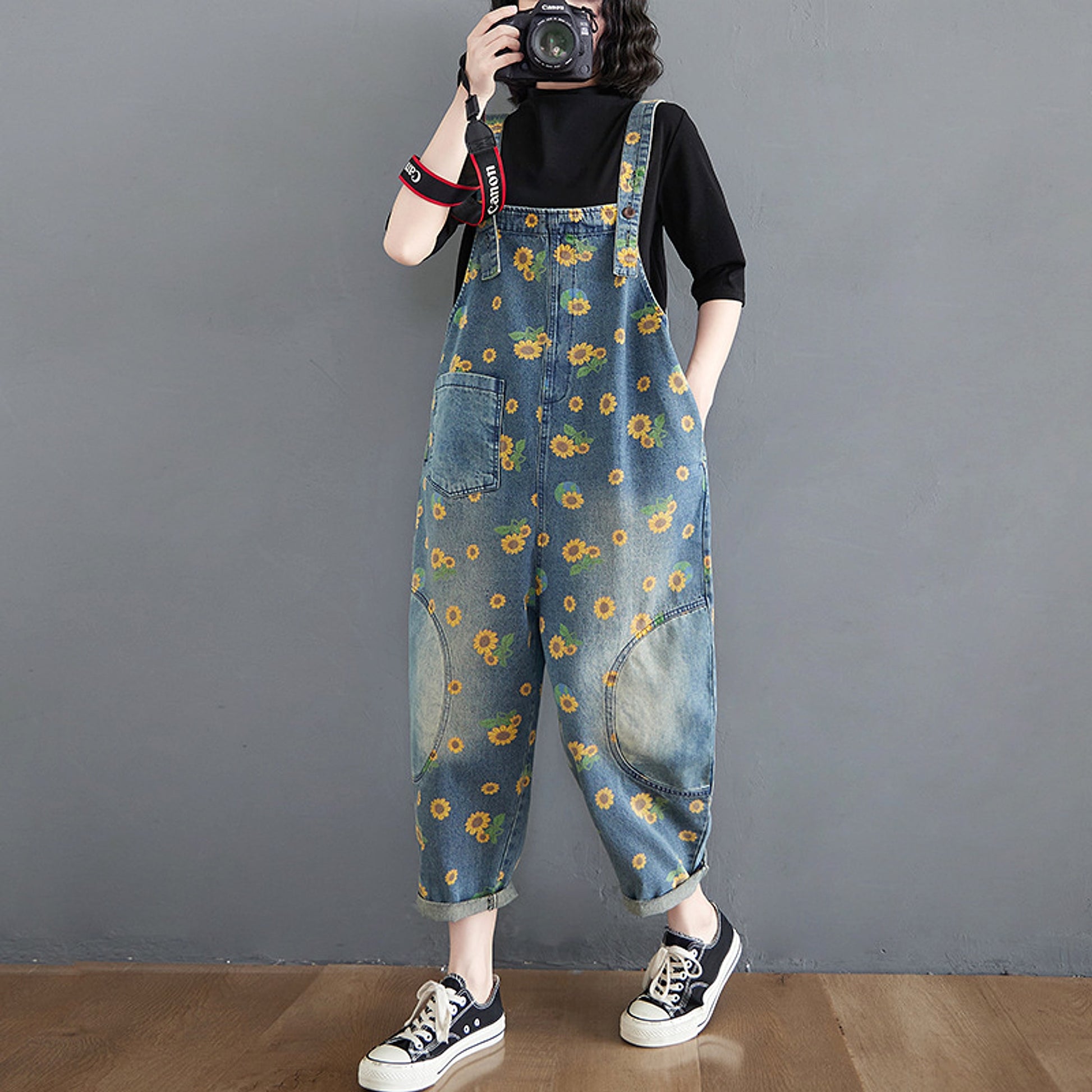 Women's Summer Retro Literary Print Denim Overalls - enhanced image 4