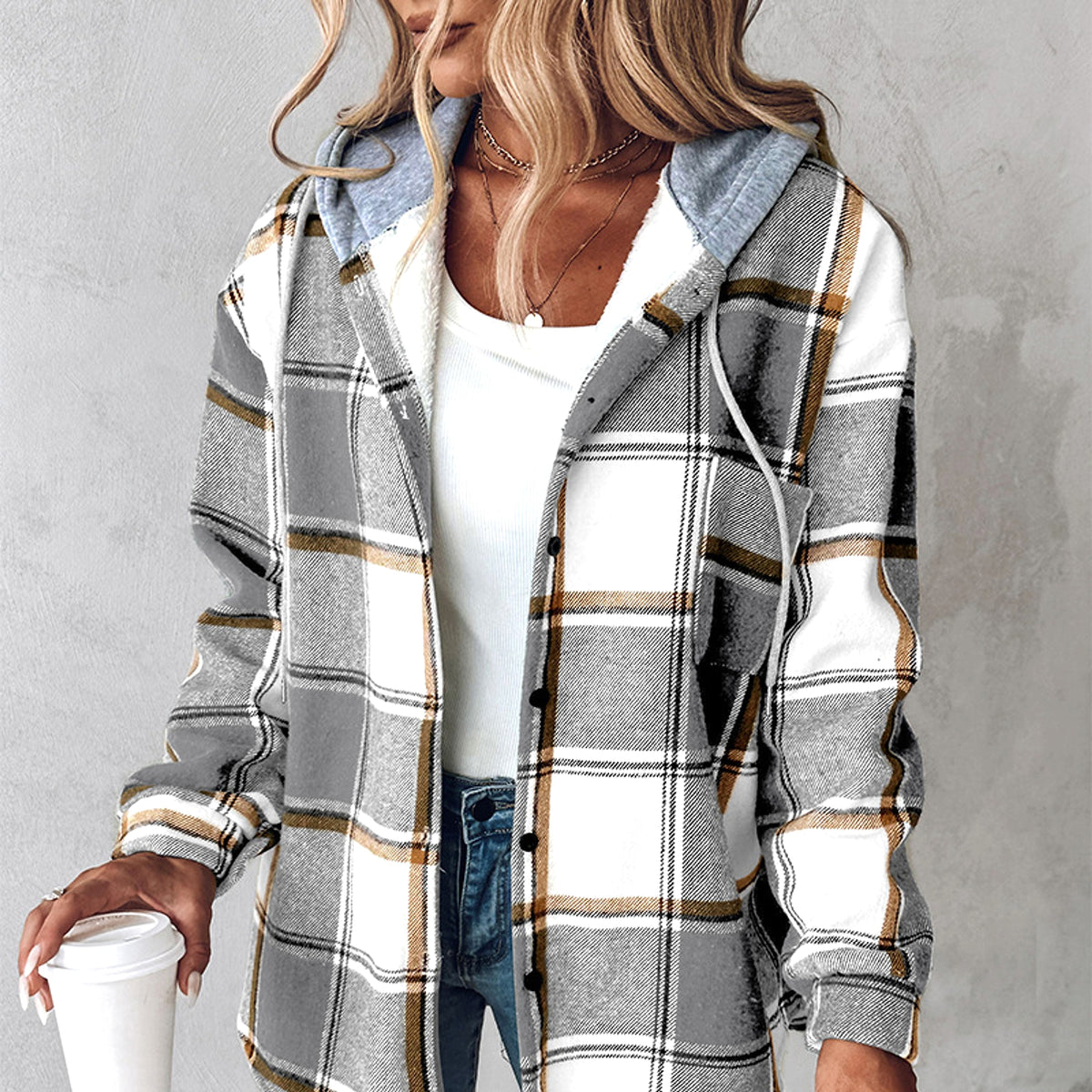 Women's Wear Solid Color Plaid Hooded Jacket - enhanced image 4