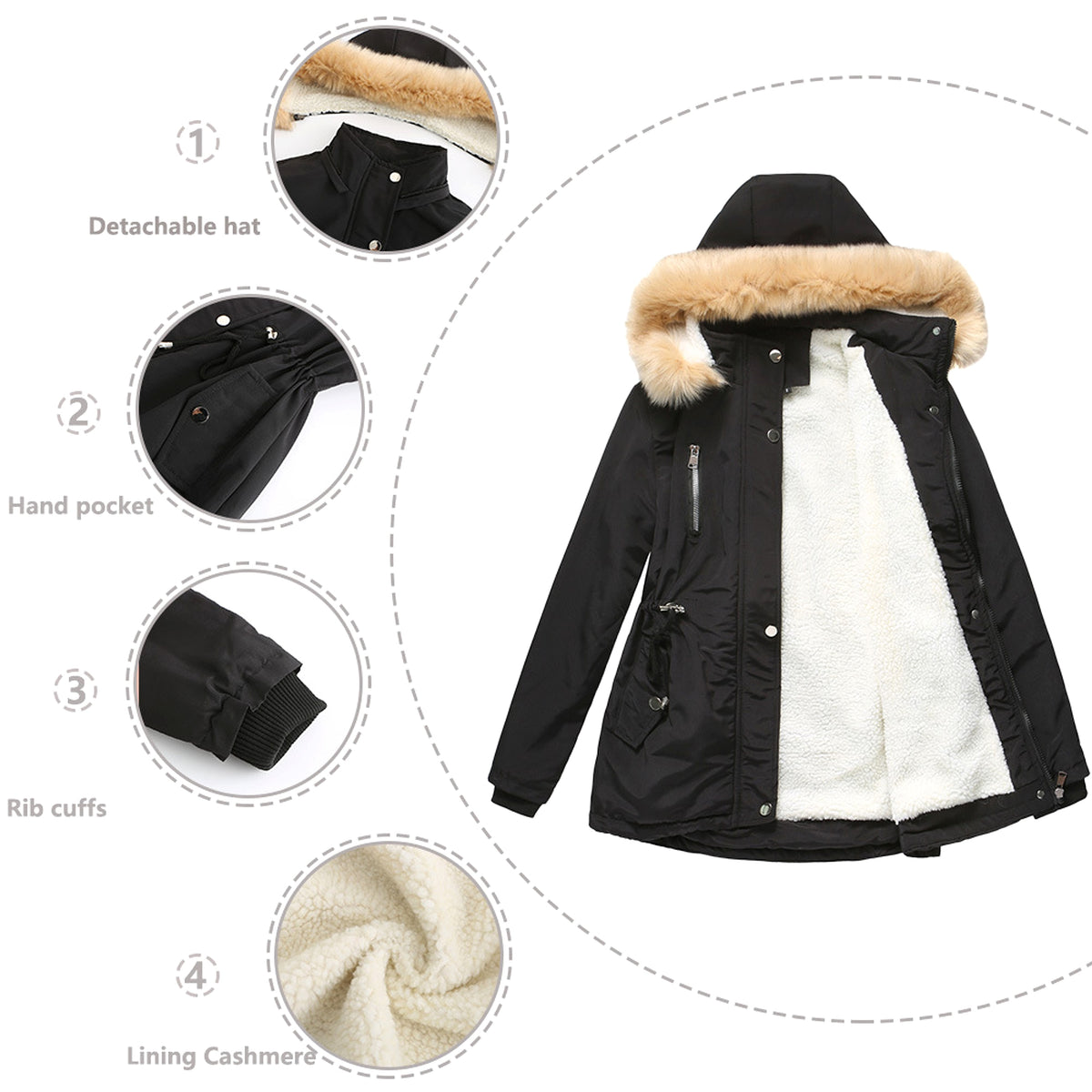 Women's Winter Coat with Detachable Hood – Warm Fleece-Lined Jacket - enhanced image 4