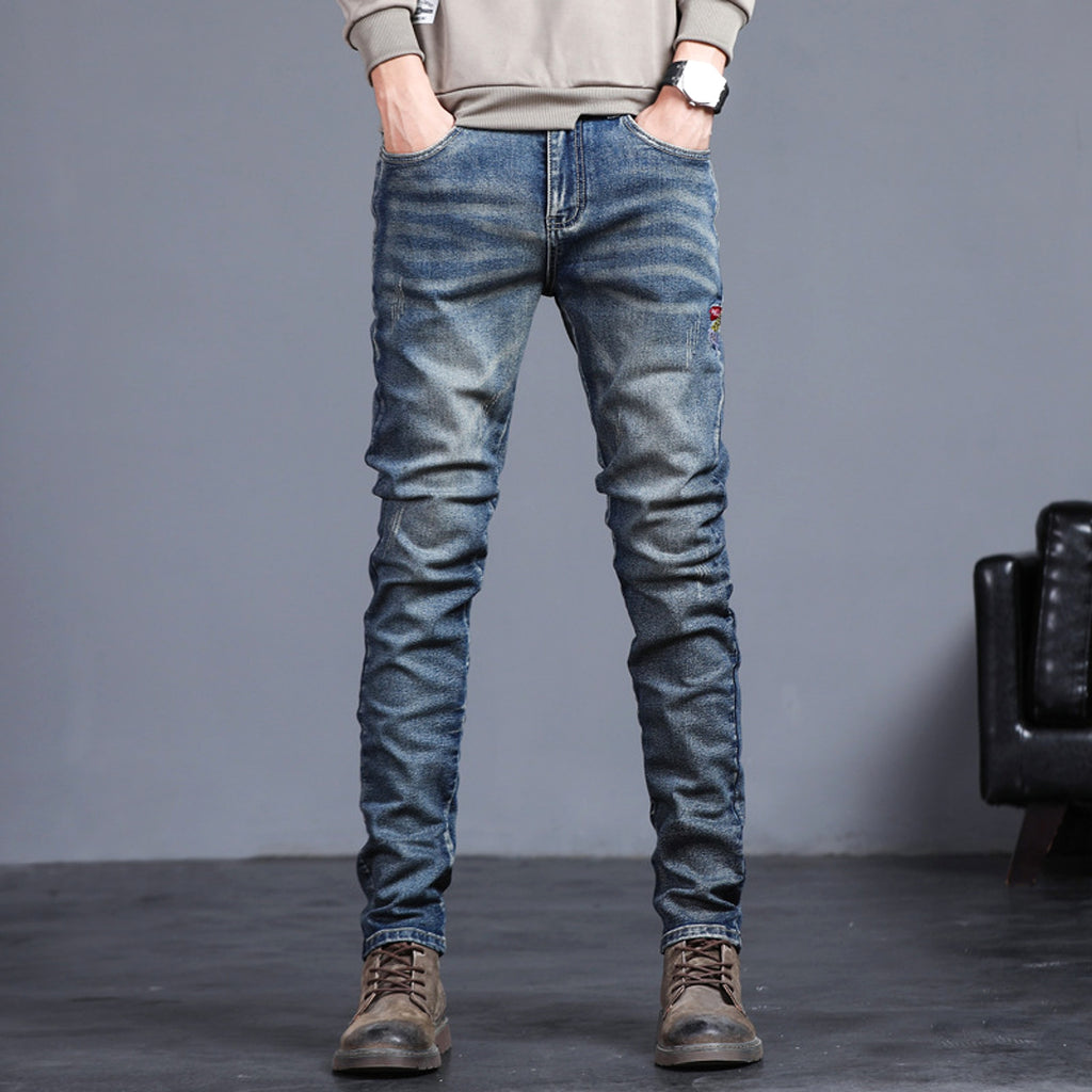 Youth Retro Embroidered Denim Pants Men Jeans - enhanced image 4