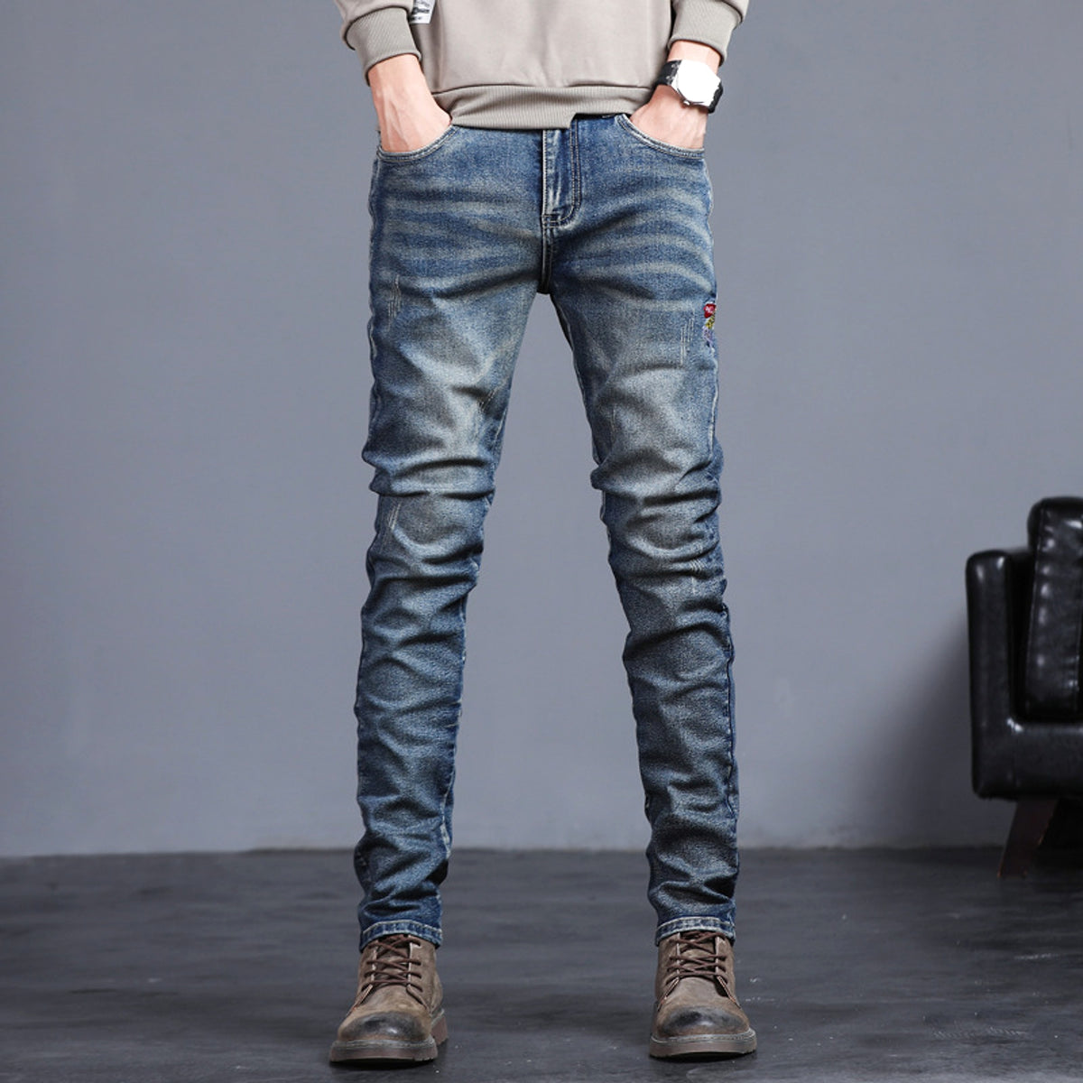 Youth Retro Embroidered Denim Pants Men Jeans - enhanced image 4