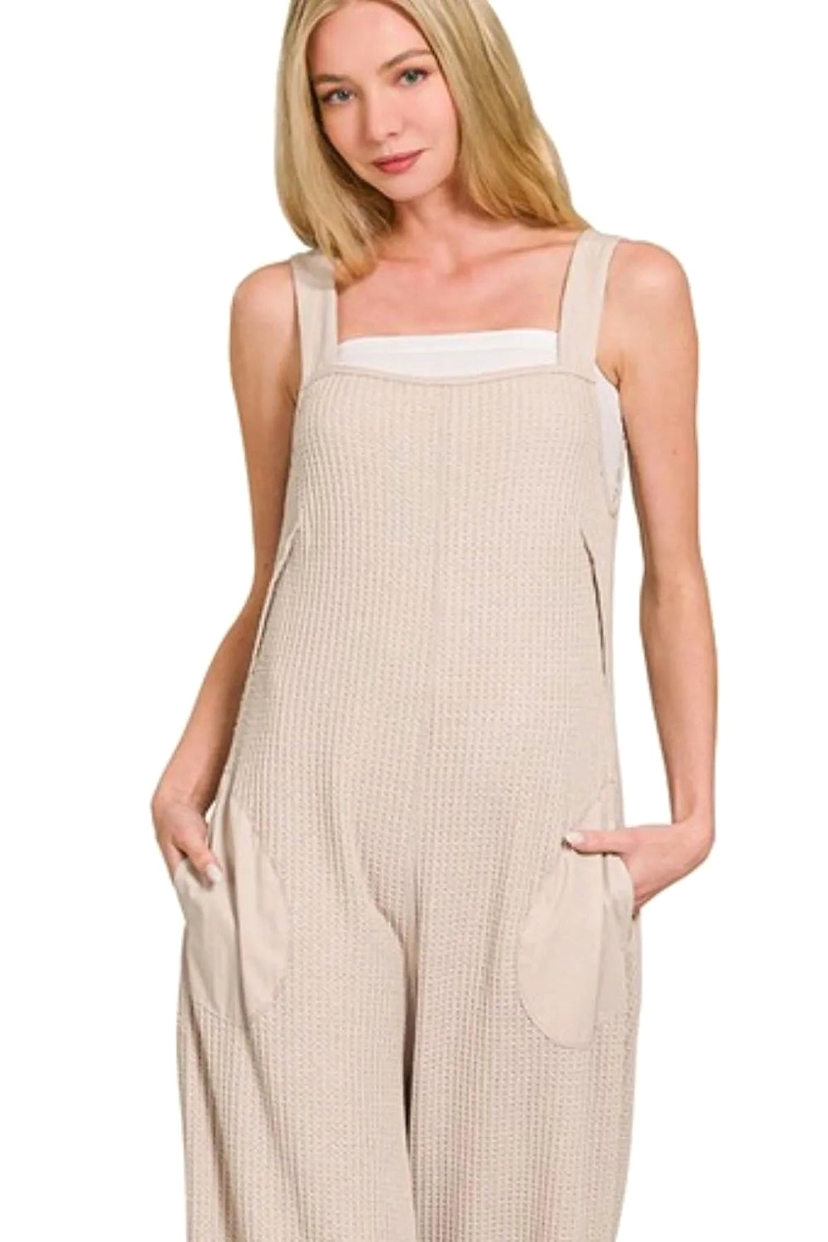 Zenana Knit Waffle Wide Leg Overalls - enhanced image 4