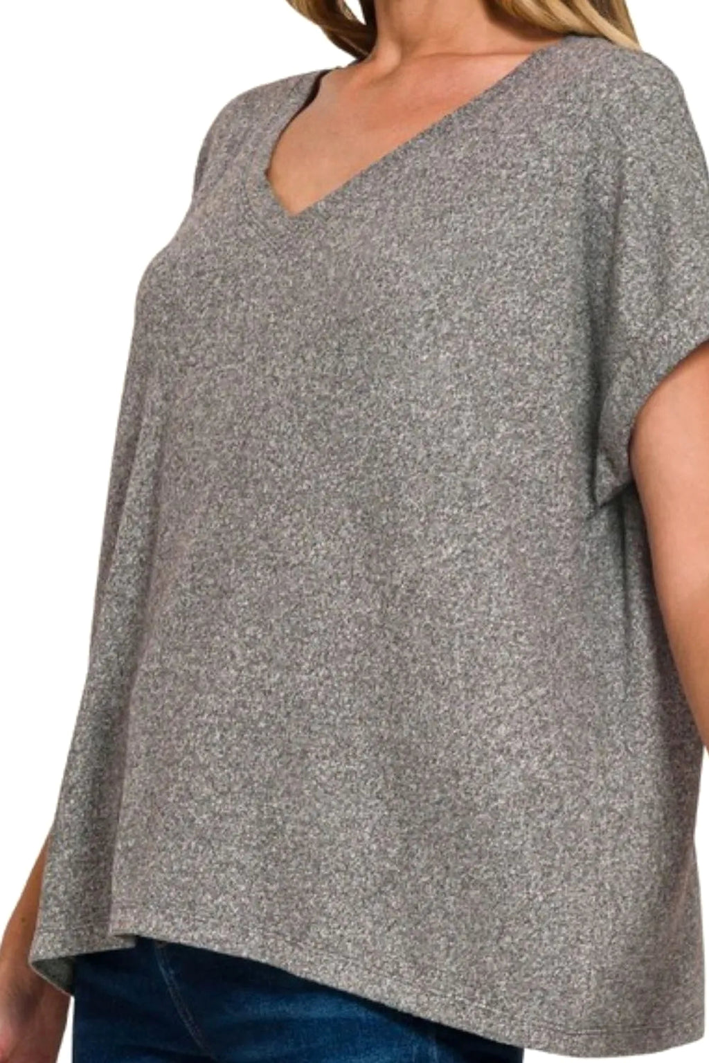 Zenana Soft Melange Hacci V-neck Tee - enhanced image 4