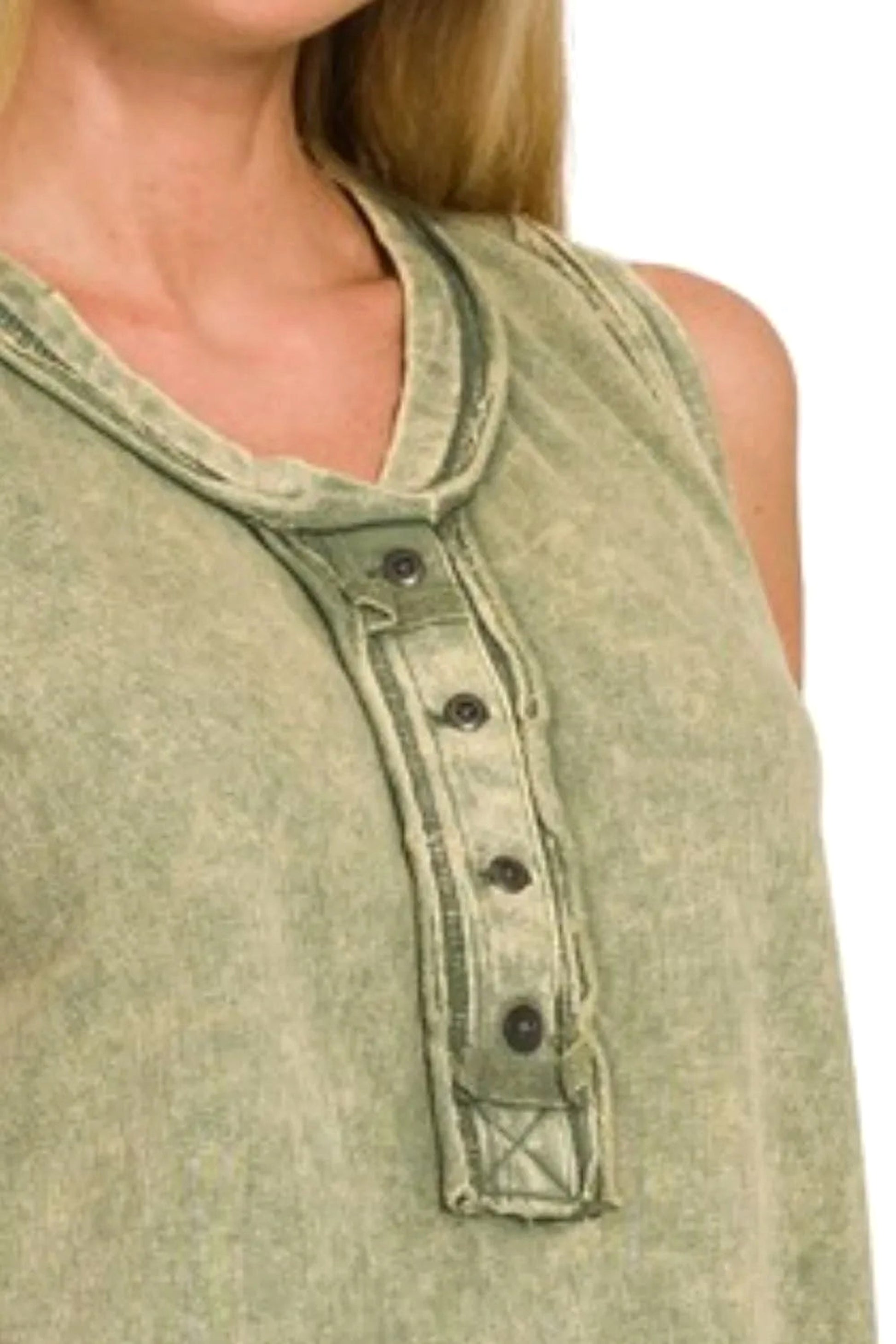 Zenana Washed Half-button Raw Edge Sleeveless Henley Top - enhanced image 4