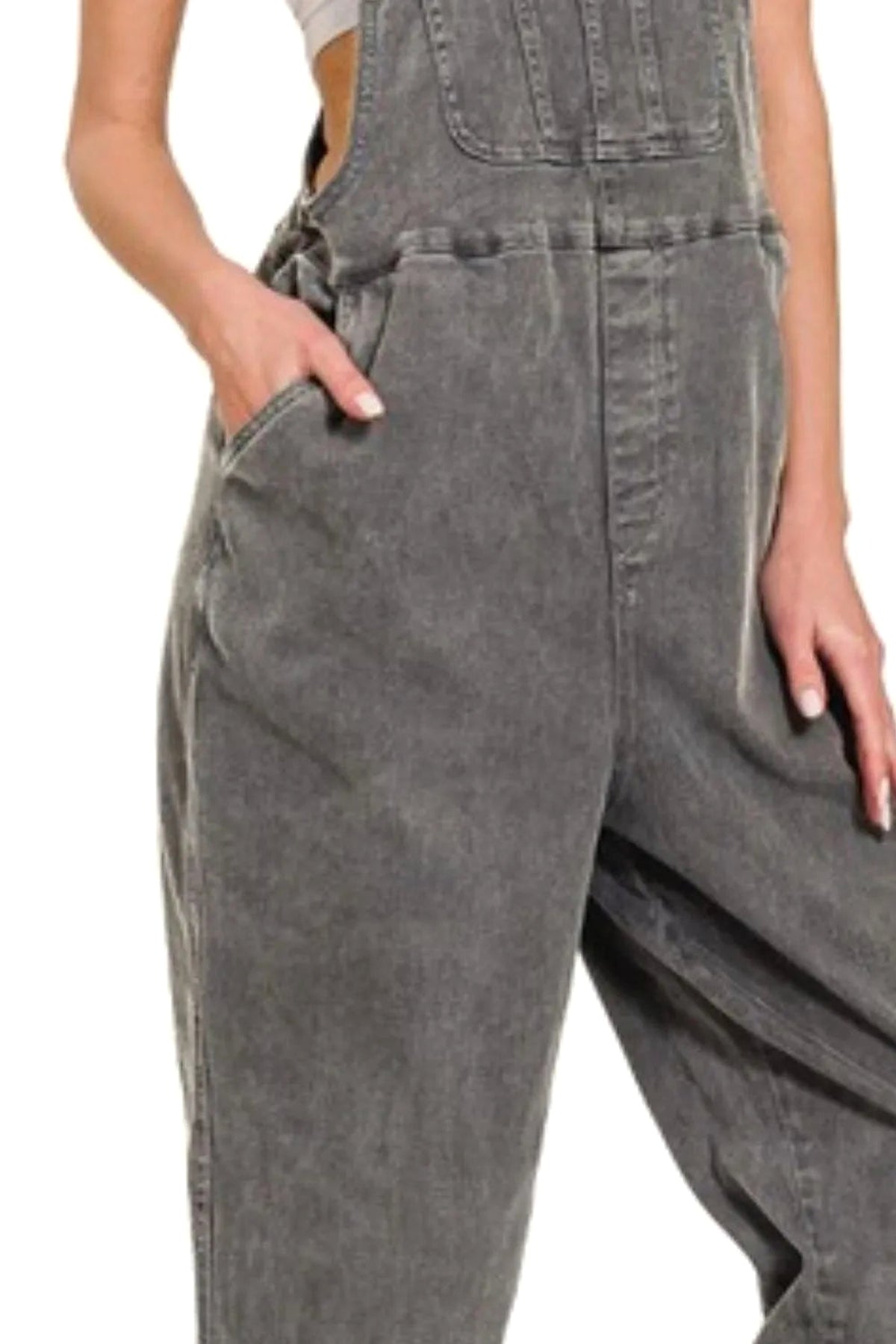 Zenana Washed Knot Strap Relaxed Fit Overalls - enhanced image 4