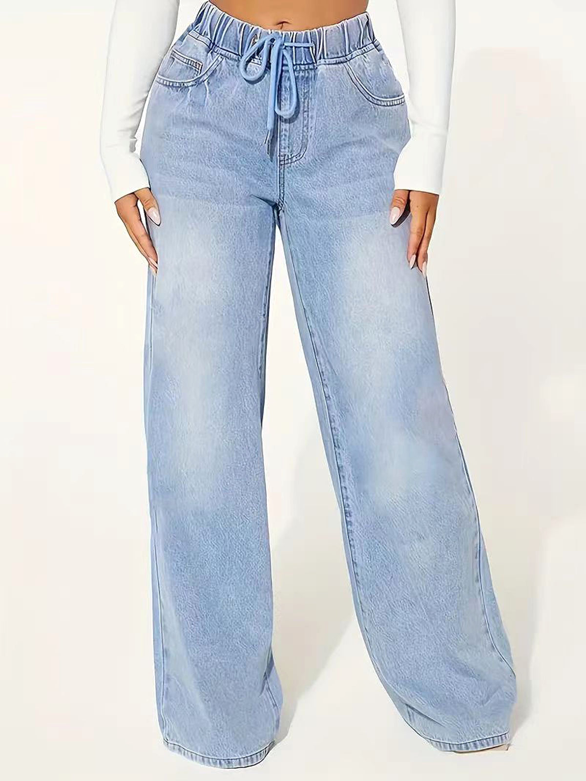25 Edition – High Waist Drawstring Wide Leg Jeans – Light Blue - enhanced image 5