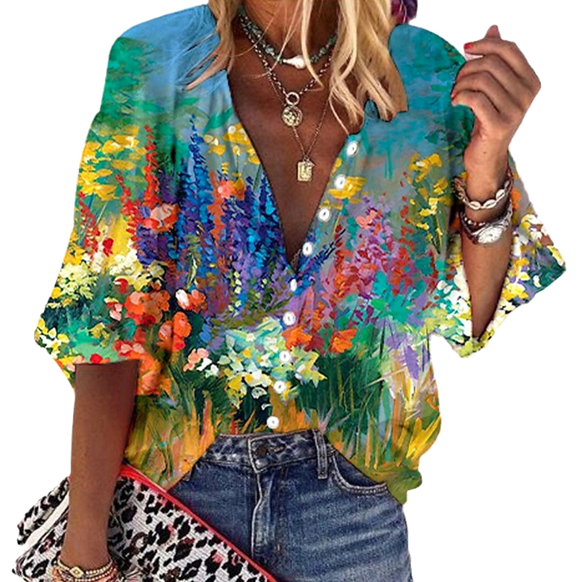 3d Flower Printed Long-sleeved Top DressShirt Women - enhanced image 5