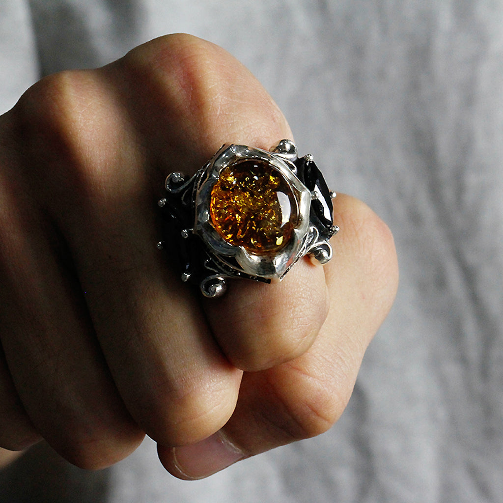 925 Thai Silver Ring Retro Gem Black Stone Amber - enhanced image 5