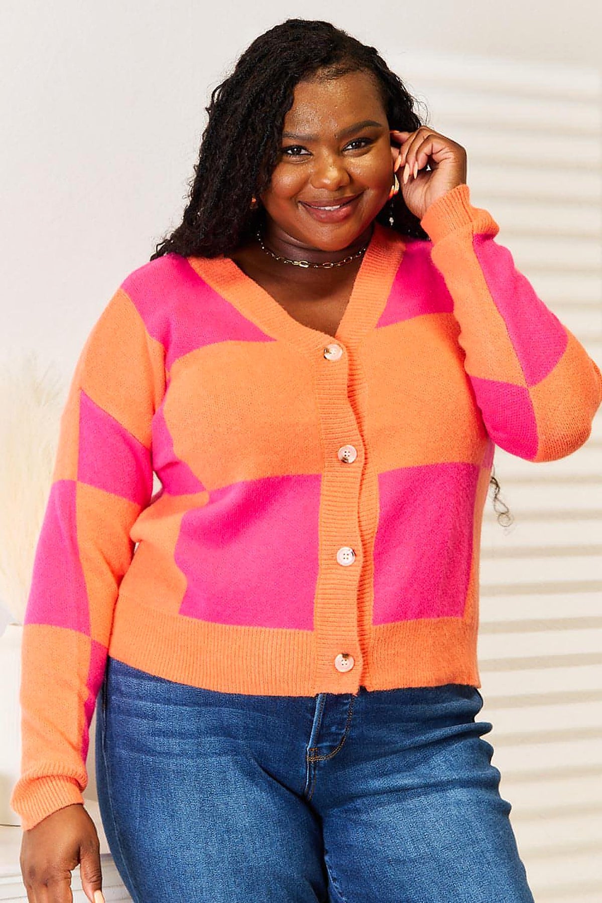 Angel Wings Woven Right Checkered V-Neck Dropped Shoulder Cardigan - enhanced image 5